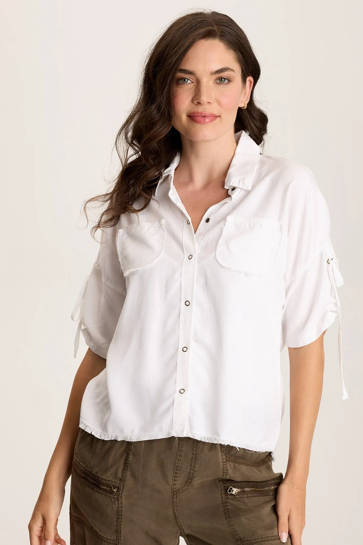 Vinton Twill Jersey Button-Up Collared Top Soft Inner Lining NonChafe