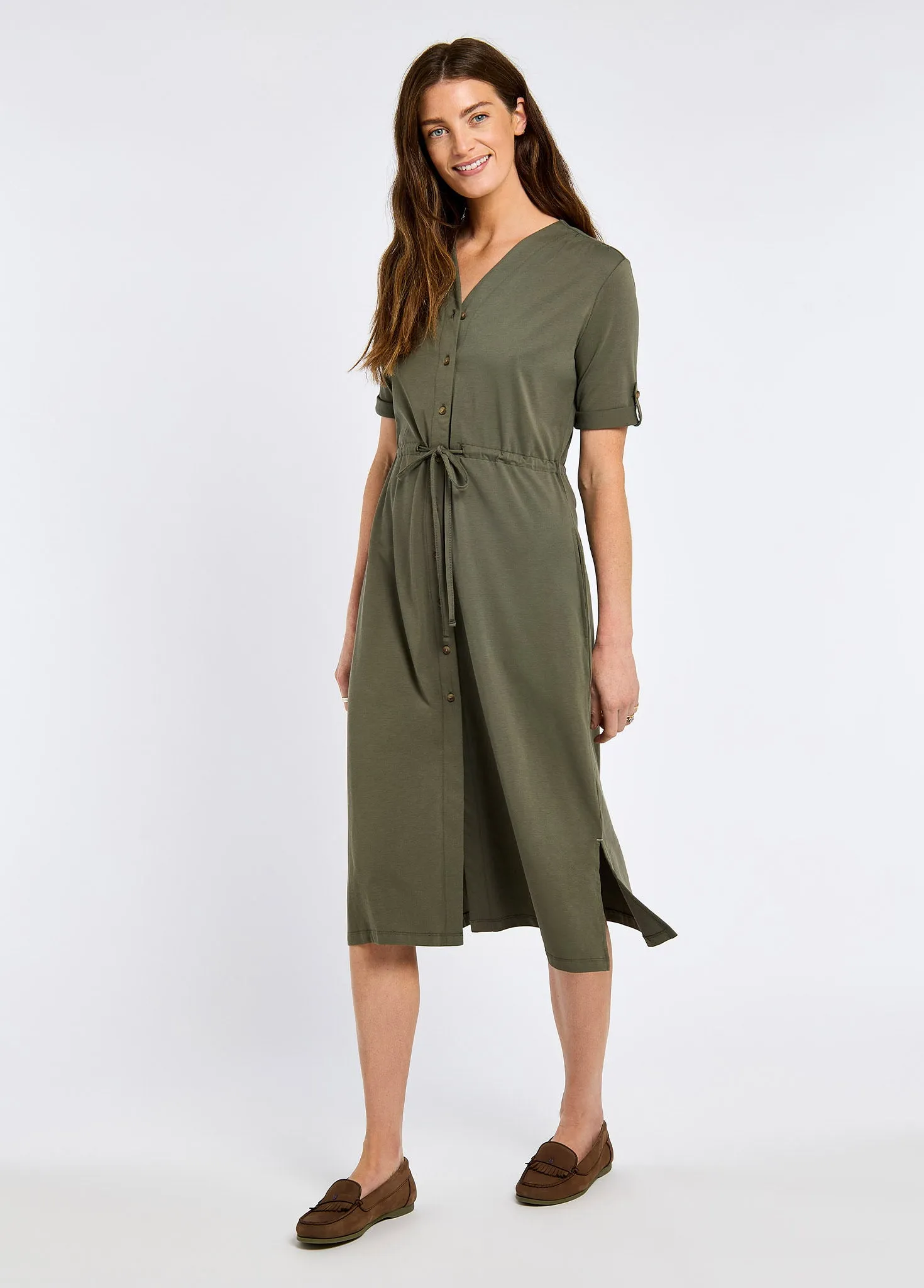 Hanlon Women??s midi length shirt dress - Kelp Leather Core TaglessDesign