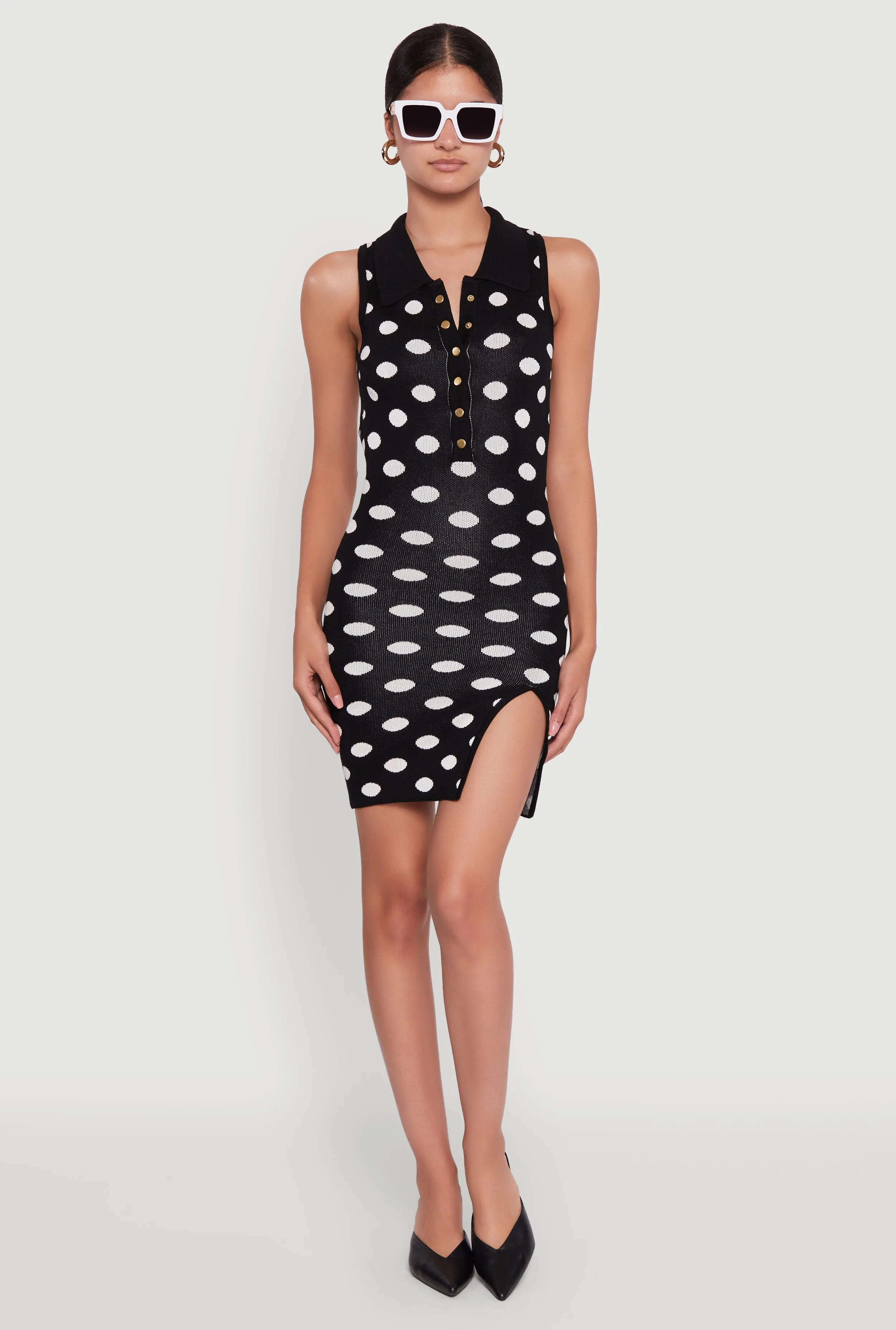 Polka Dot Sleeveless Polo Collar Mini Dress Easy Care