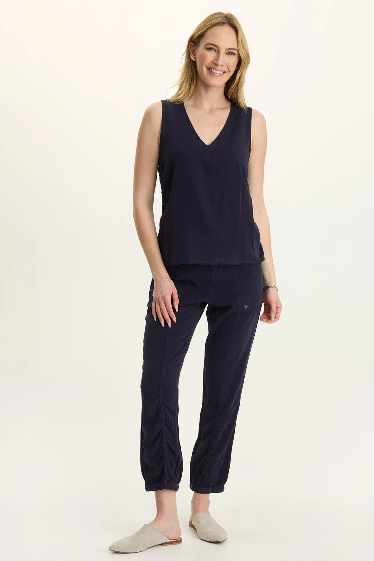 SeamlessTransition Ileana Cinched Soft Twill V-Neck Tank