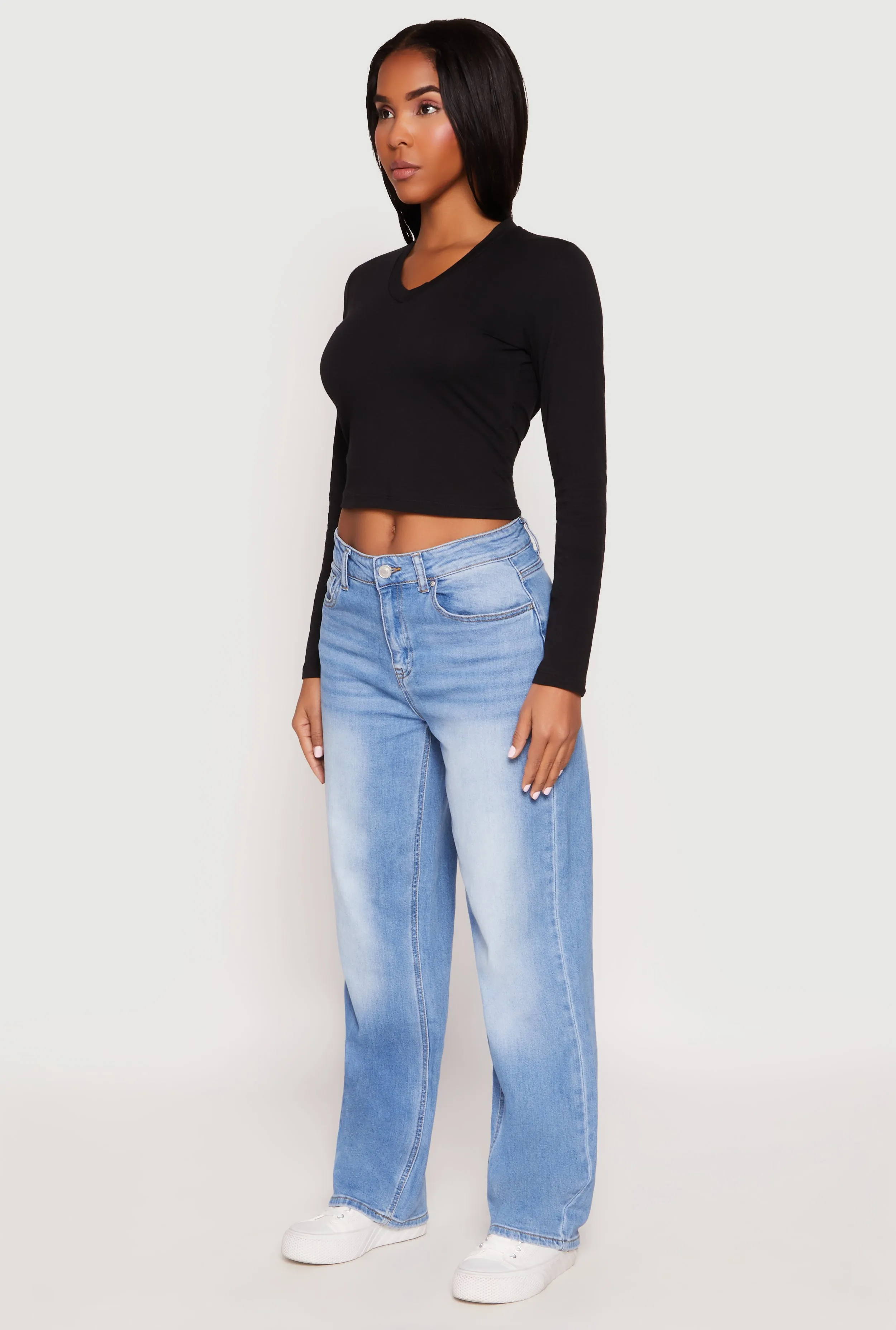 V Neck Long Sleeve Crop Top Microfiber Blend