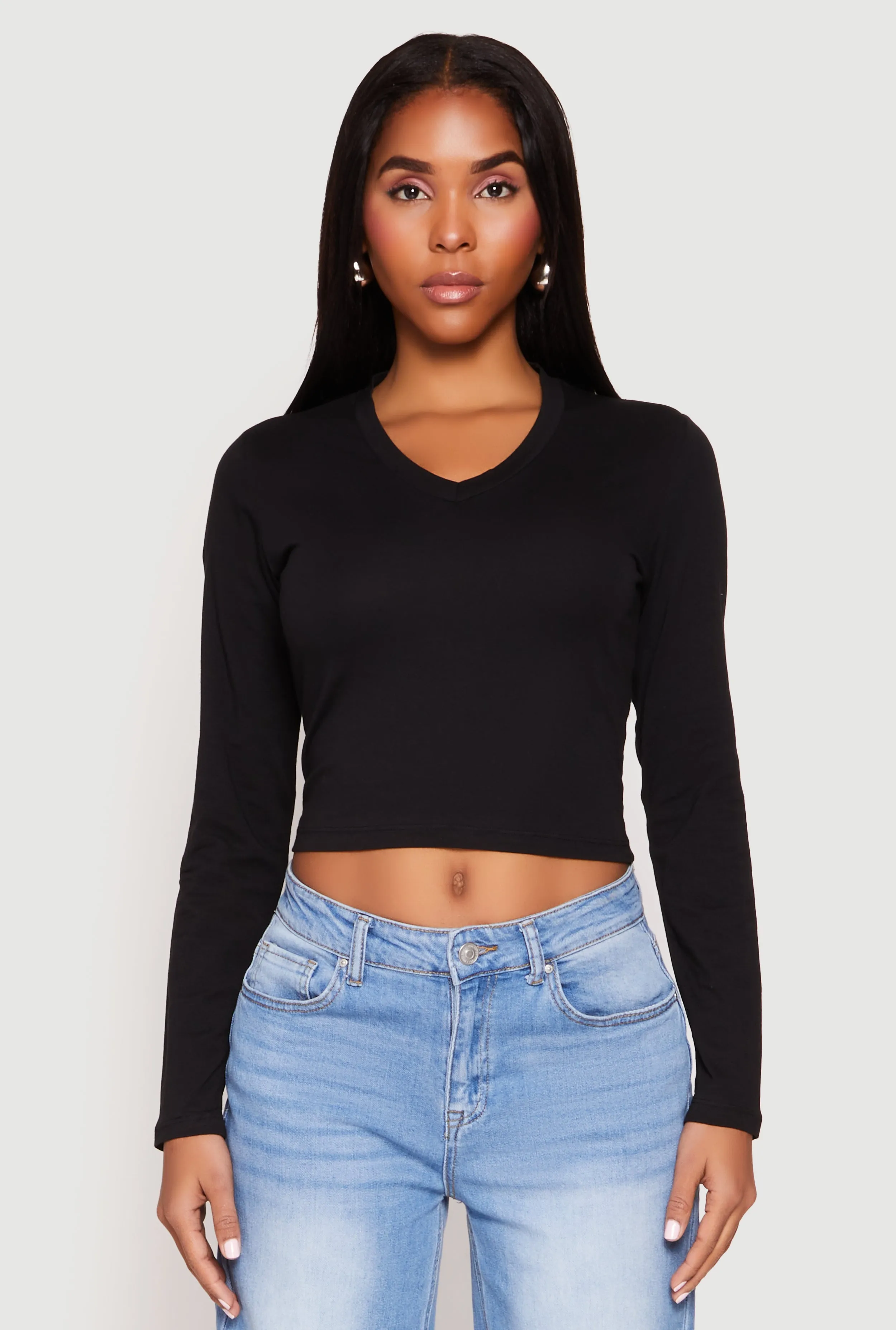 V Neck Long Sleeve Crop Top Luxurious Layered Hem Detail