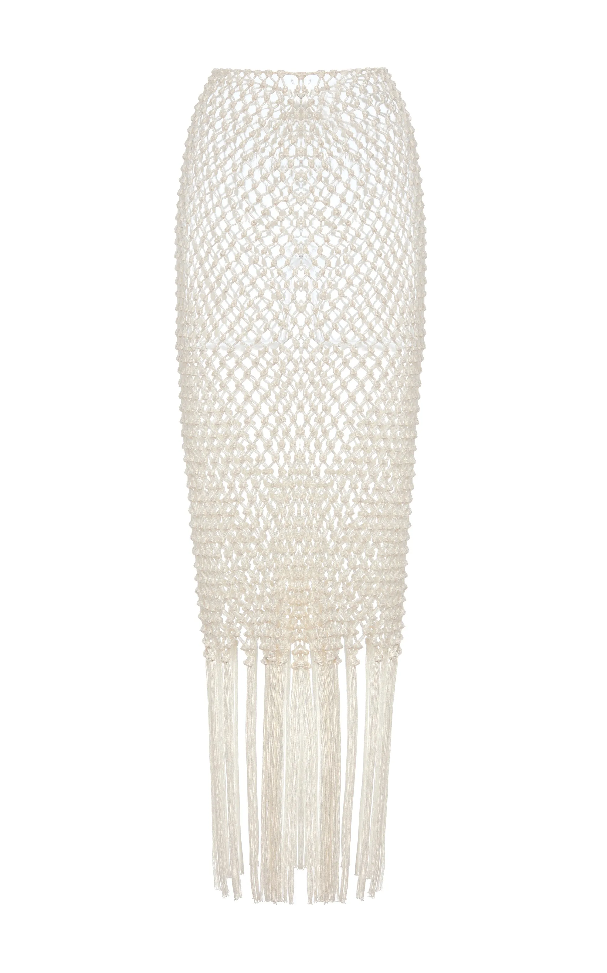 NonRestrictiveSilhouette Zana Fringe Macrame Maxi Skirt in Ivory Silk