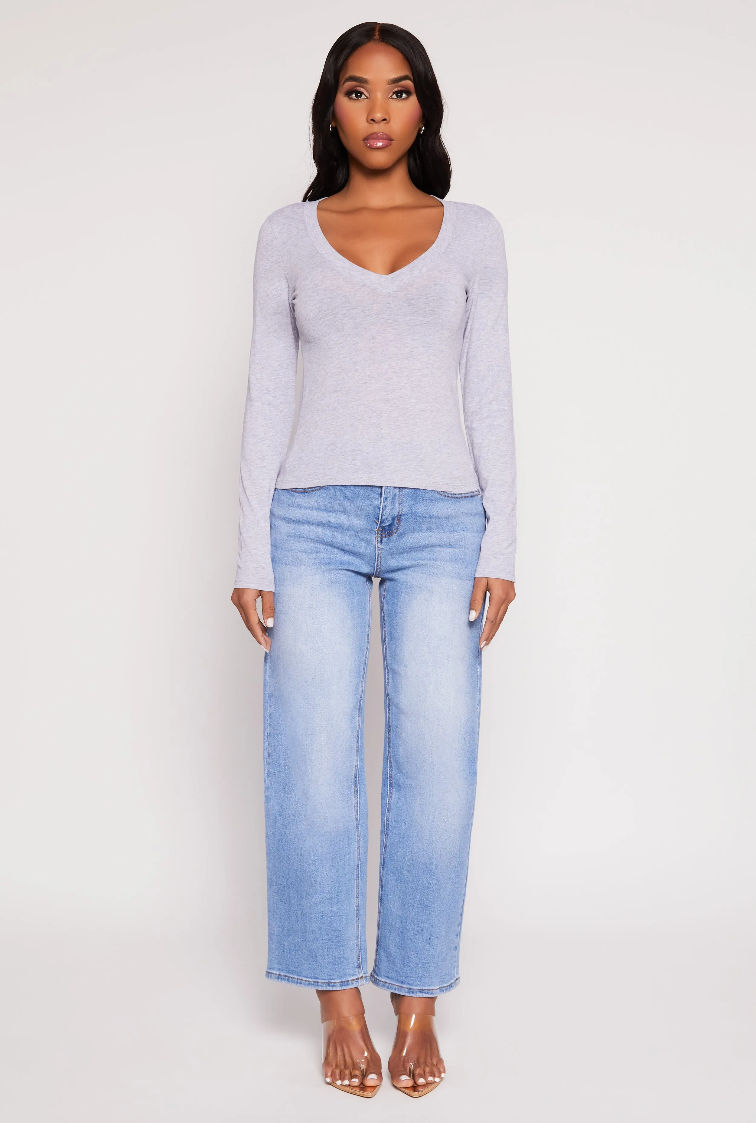 Light Outfit Basic Long Sleeve V Neck Top