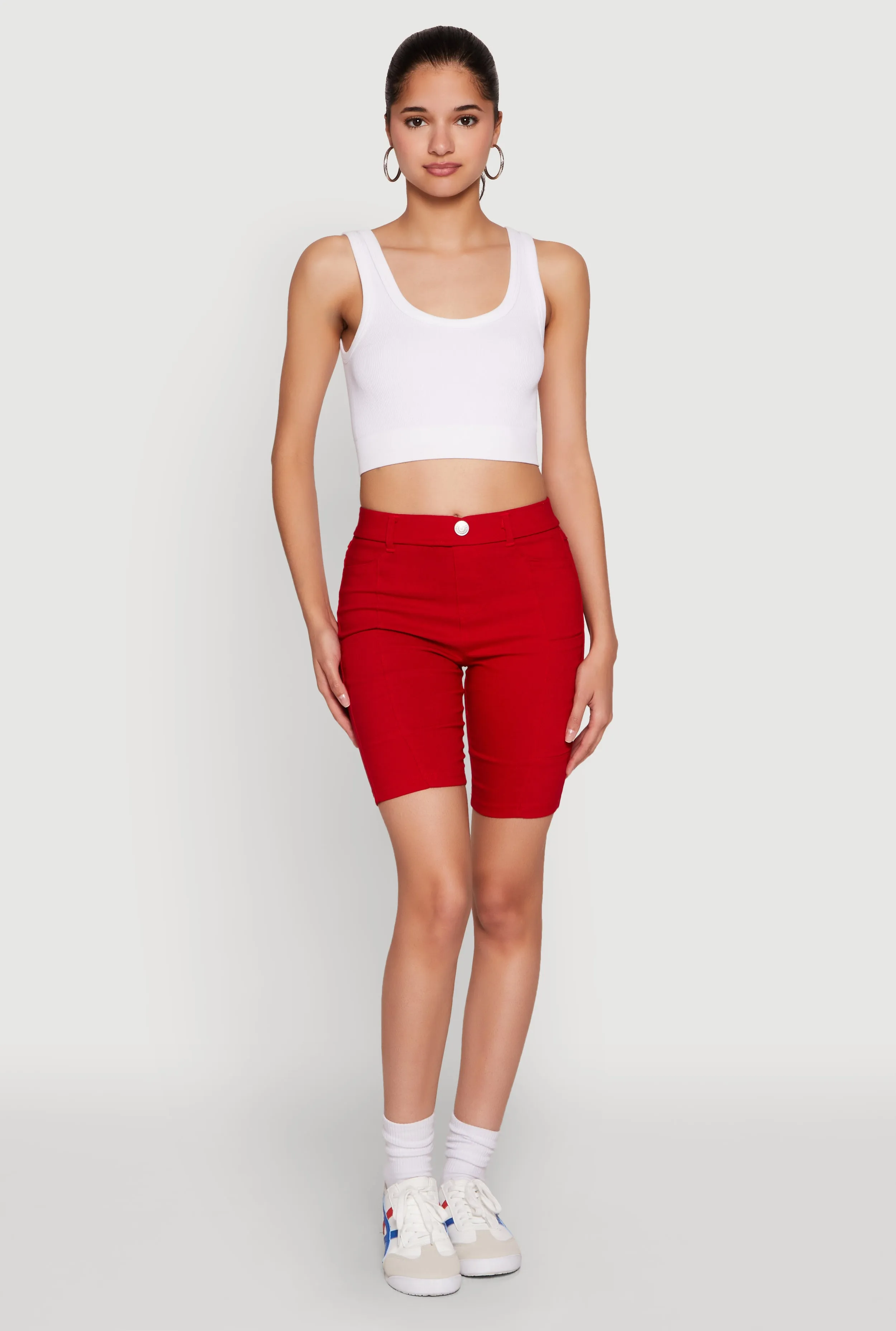 Hyper Stretch Pintuck Bermuda Shorts cheering section Preppy Style