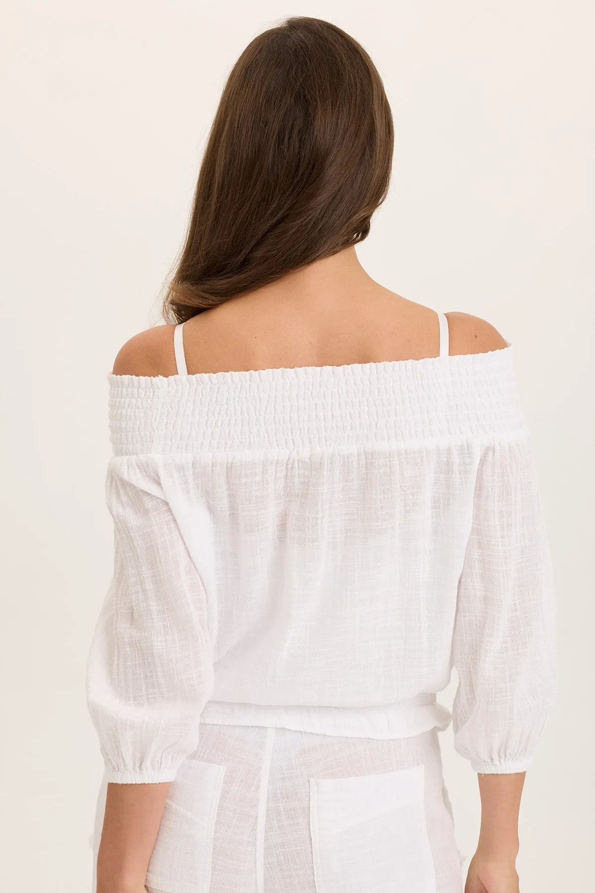NonIrritatingSeams Jolia Gauze Off-Shoulder Billow Sleeve Top