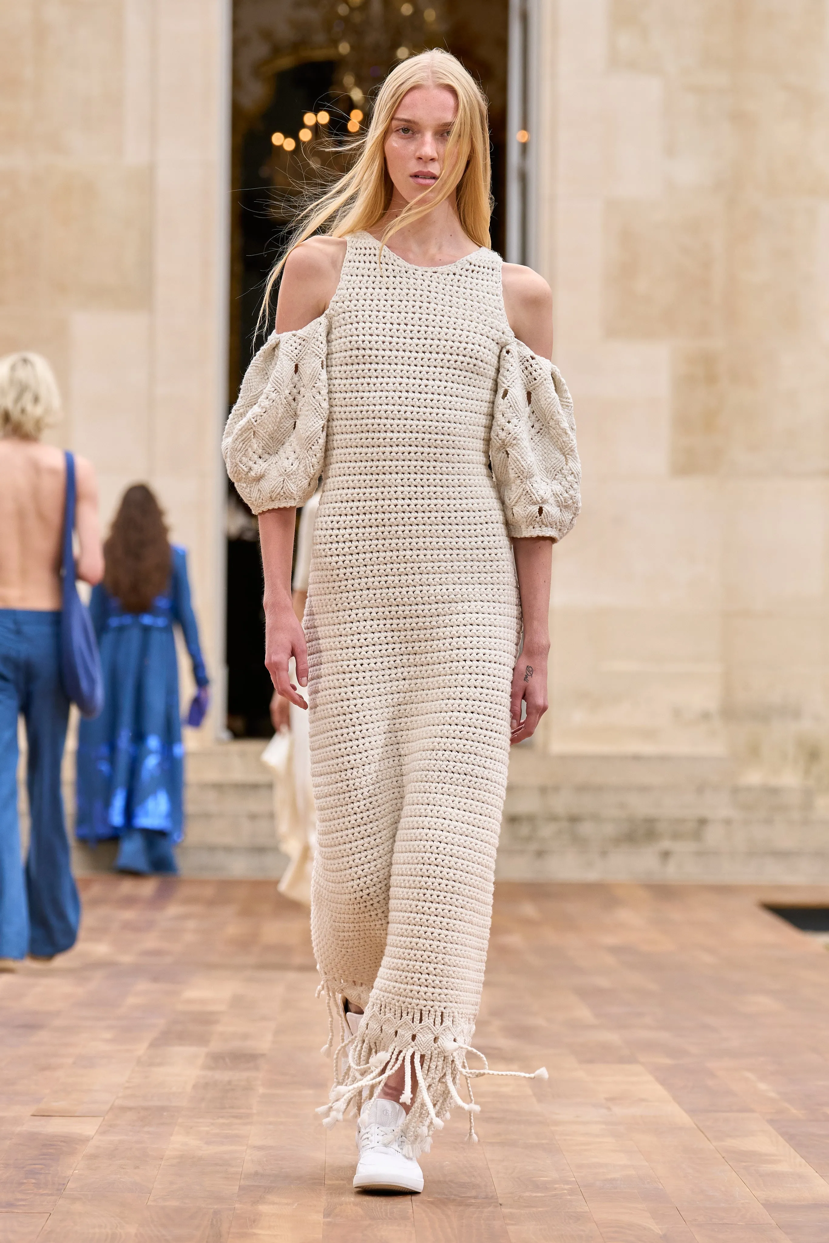 Levana Fringe Crochet Maxi Dress in Ivory Cashmere Sky Cool