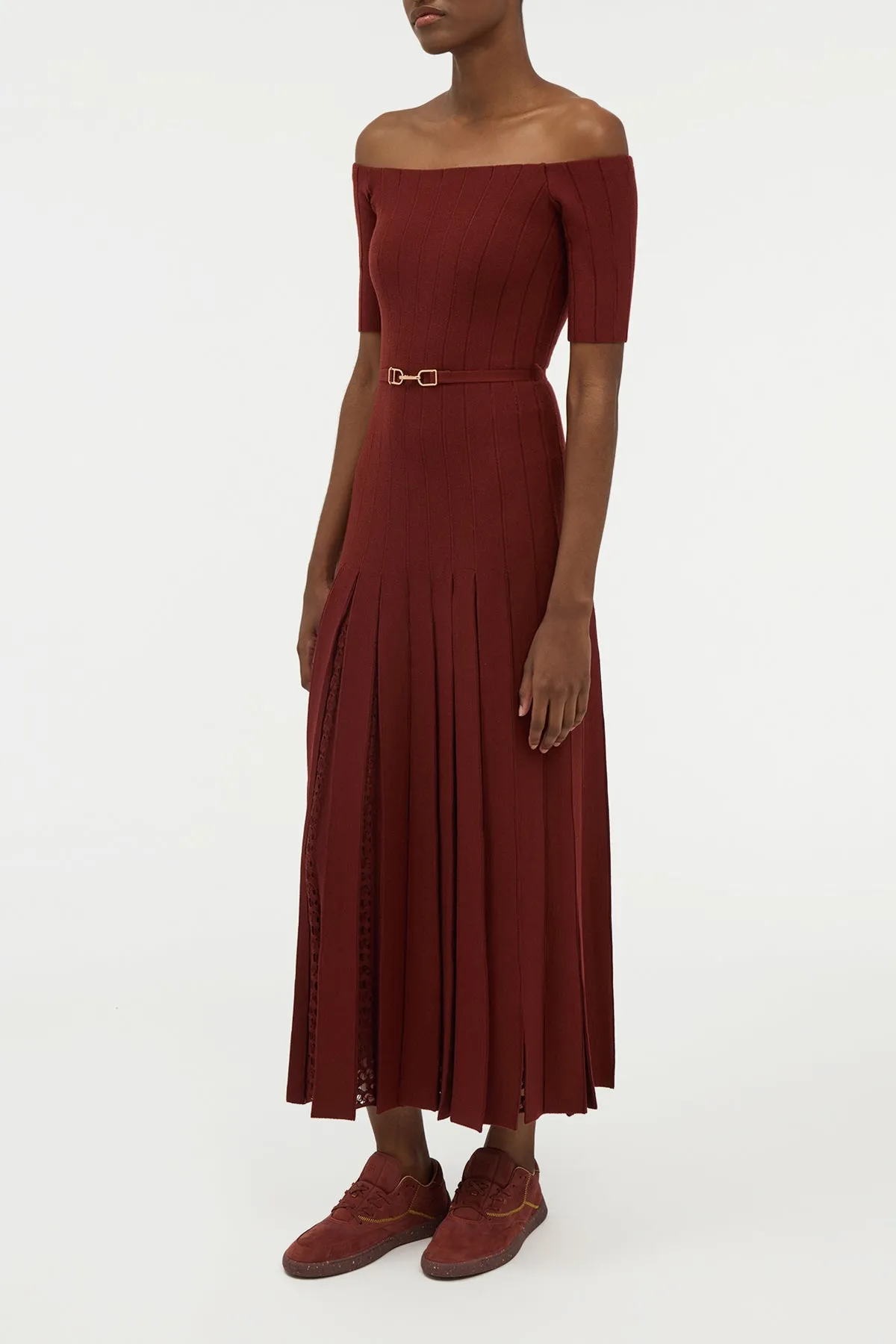 Kurt Knit Pleated Maxi Dress in Burnt Sienna Merino Wool Fresh Glow Wonder Fit