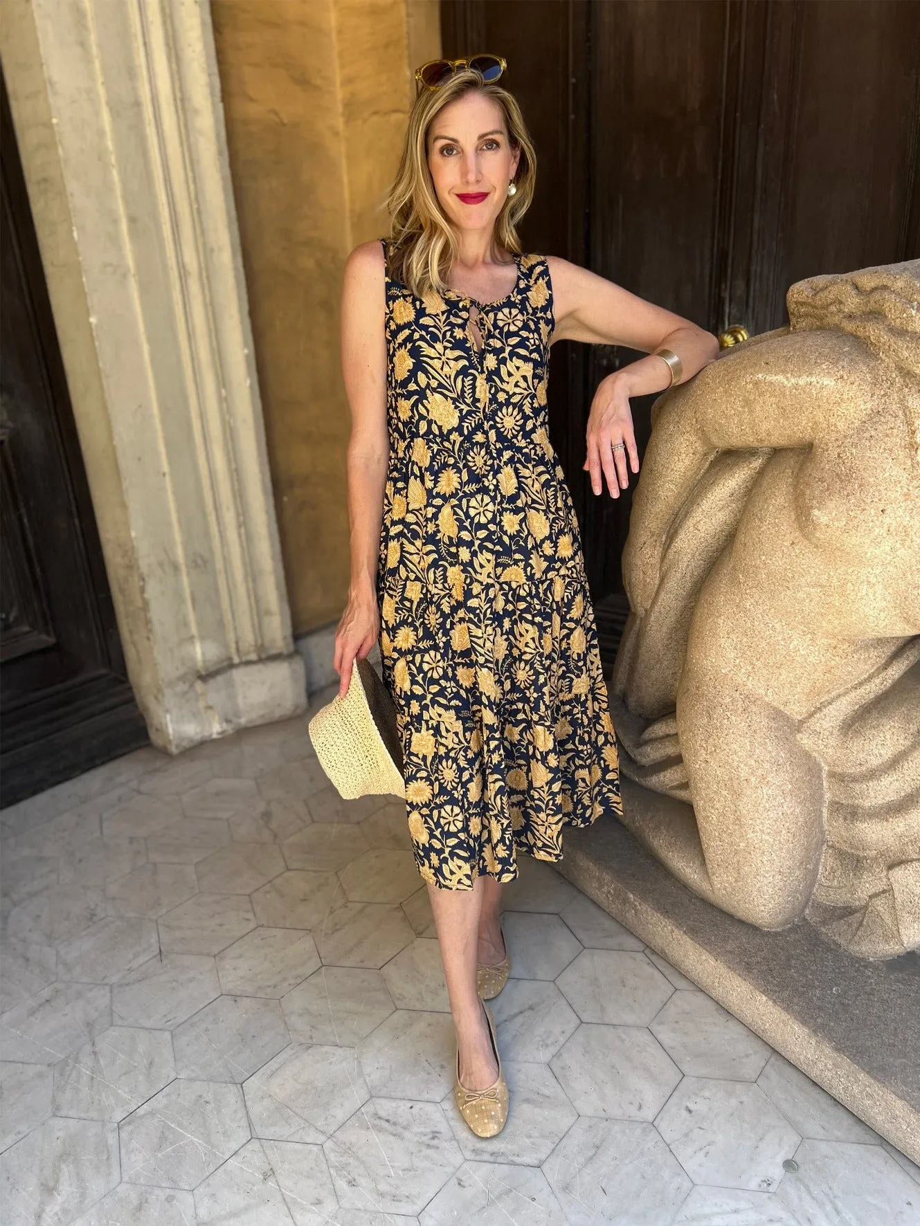 Thais Tiered Sleeveless Dress - Navy Botanical CrossBackStructure