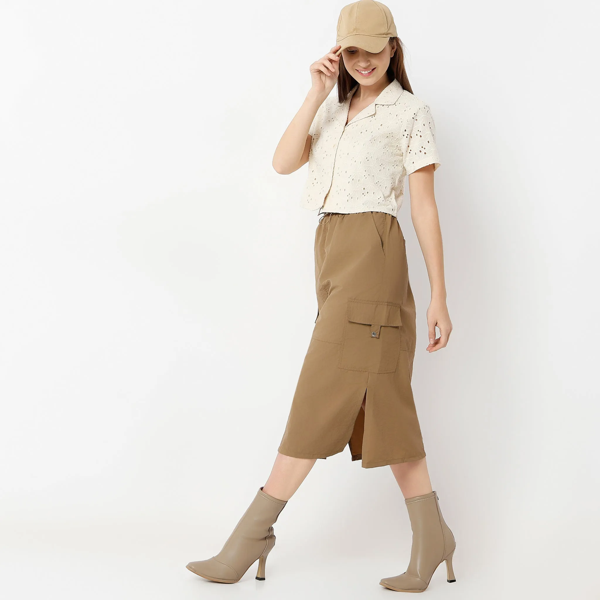 Surf Mood NoIrritationSeams Calf Length Solid Betty Skirt With Side Slit And Patch Pockets