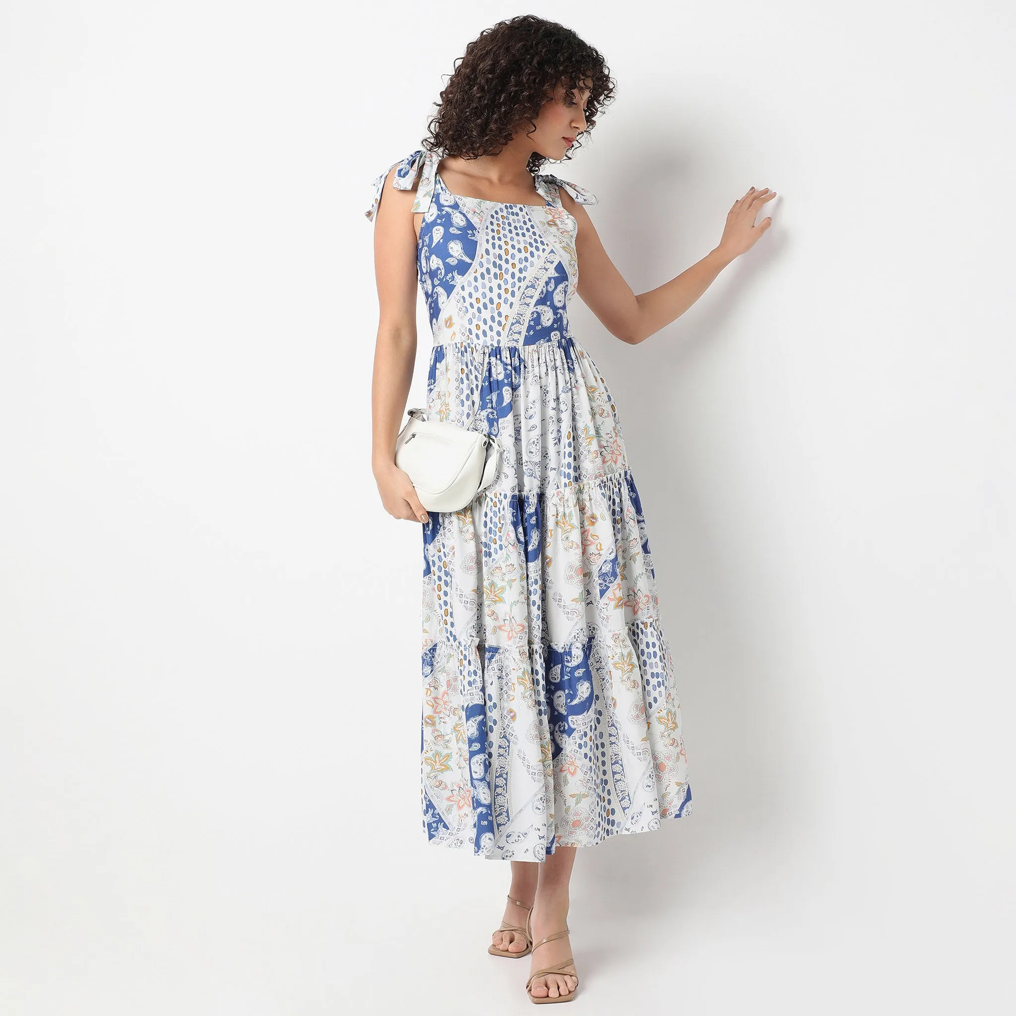 Square Neck Calf Length Flare Fit Printed Strap Dress Green Fit Fairy Mood