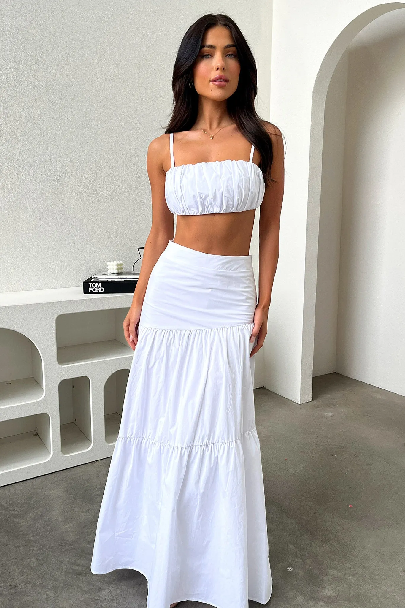 Lateisha Maxi Skirt - White Knitted Fabric Embossed Detail