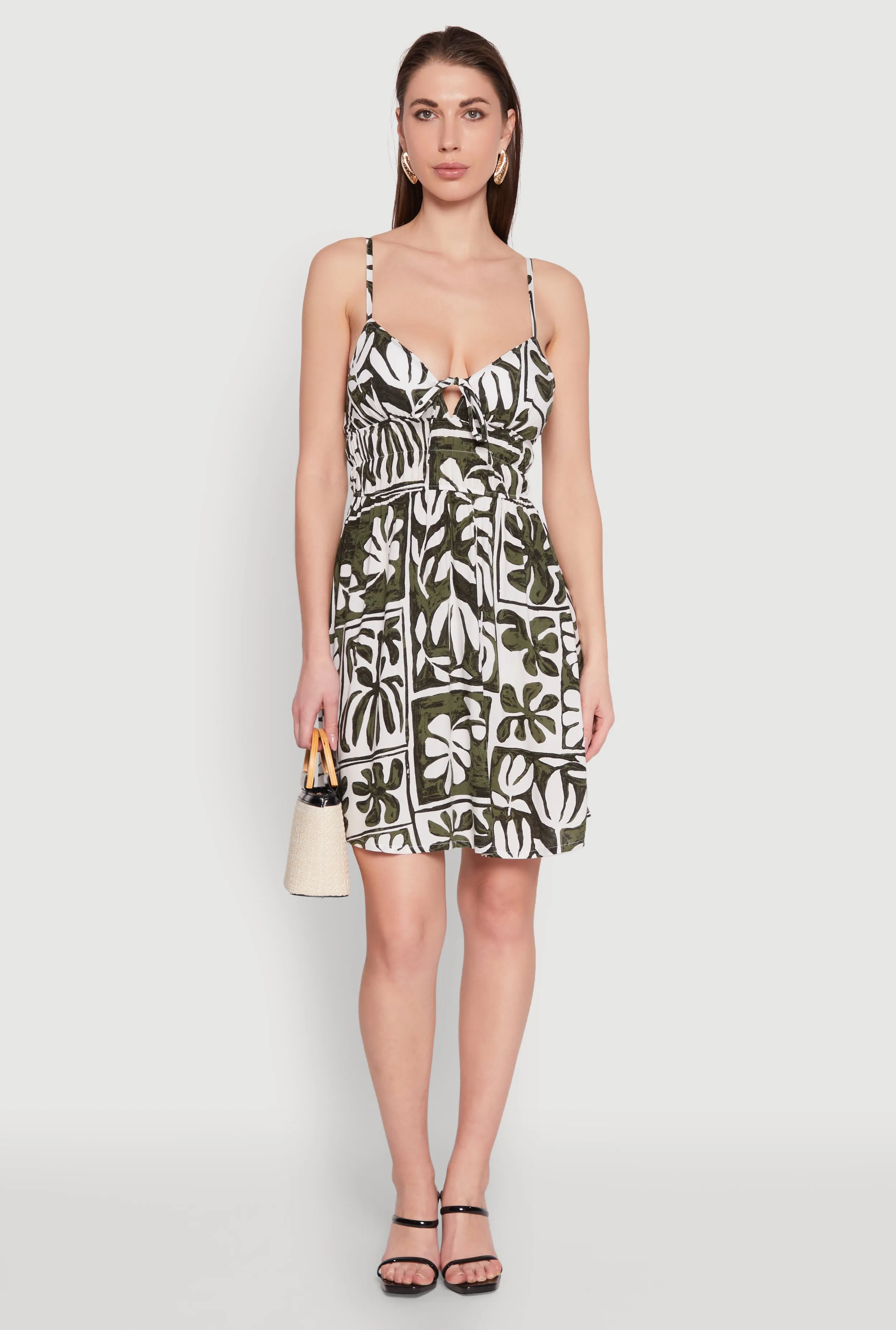 Modern body-hugging short dress Cozy Design Leaf Print Tie Front Mini Dress