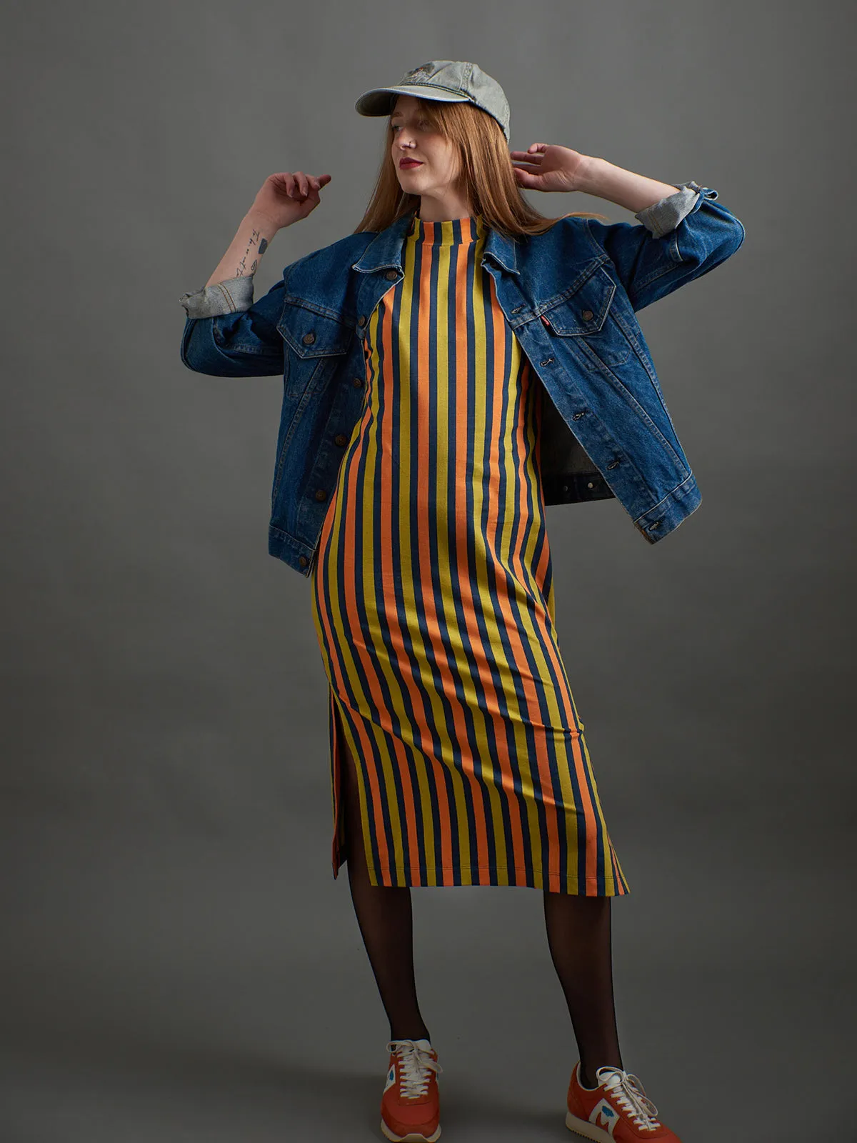 Cyber Core Maggie Mock Neck Dress - Navy Chartreuse Stripe