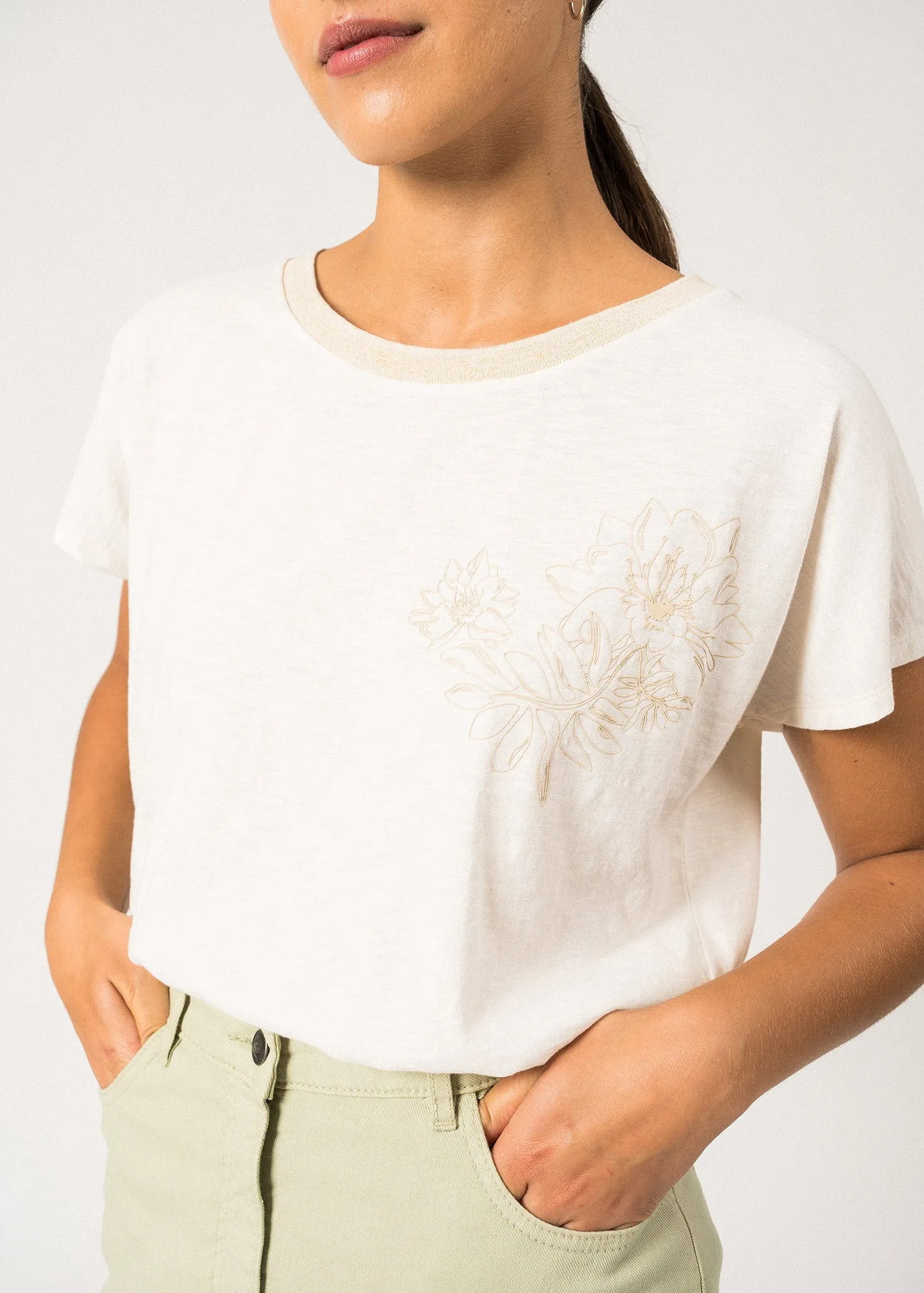 MELIE - Tee with Floral Motifs for Women | Pima Cotton  (IVORY PROMENADE) warm fleece Run Ready