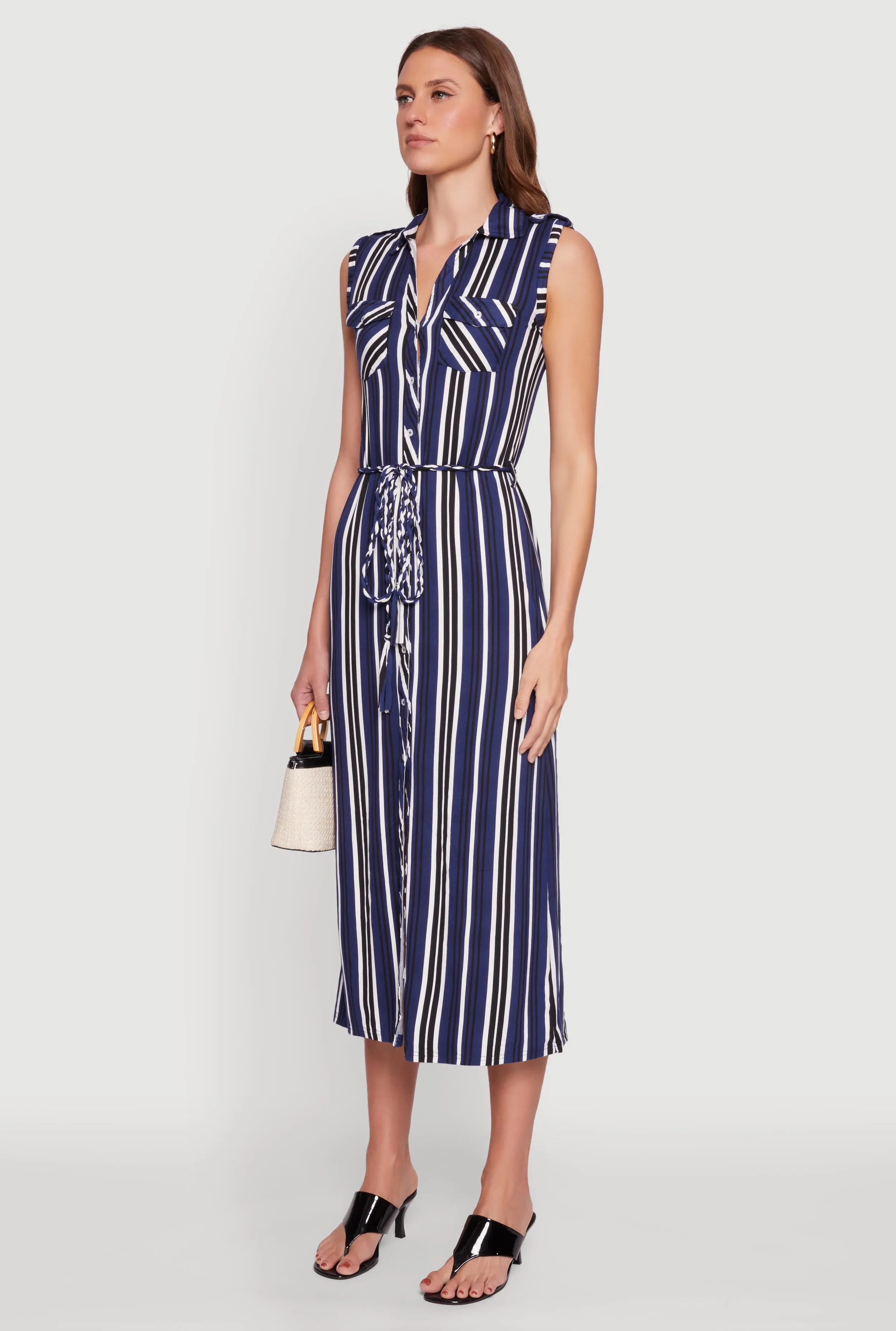 Wood Glow Grain Gold Sleeveless Striped Shirt Dress