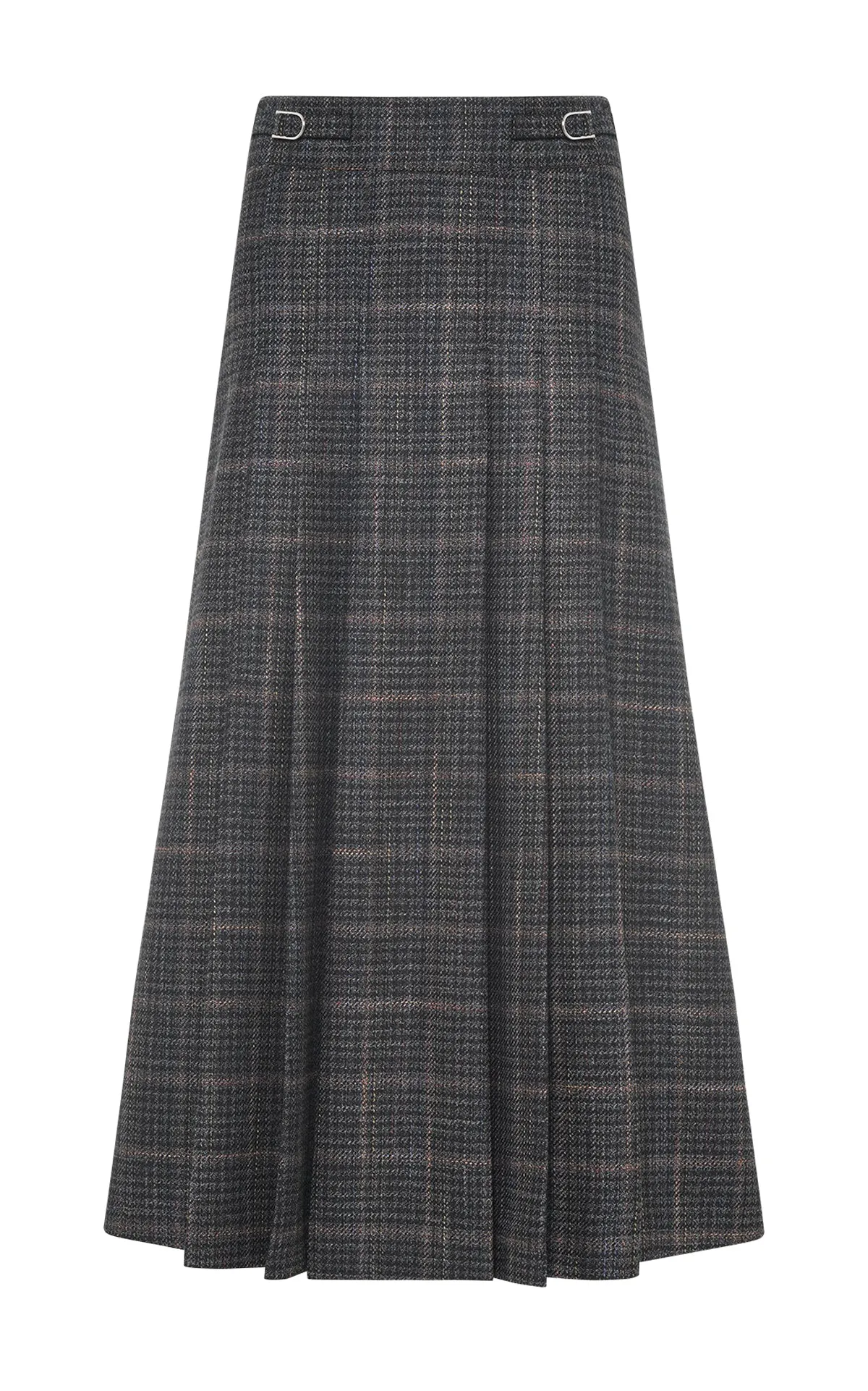 Calm Ease Wesley Midi Skirt in Charcoal Wool Silk Clubcheck Plaid