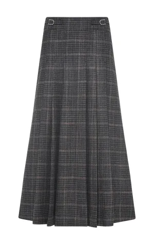Stretch Comfort Wesley Midi Skirt in Charcoal Wool Silk Clubcheck Plaid