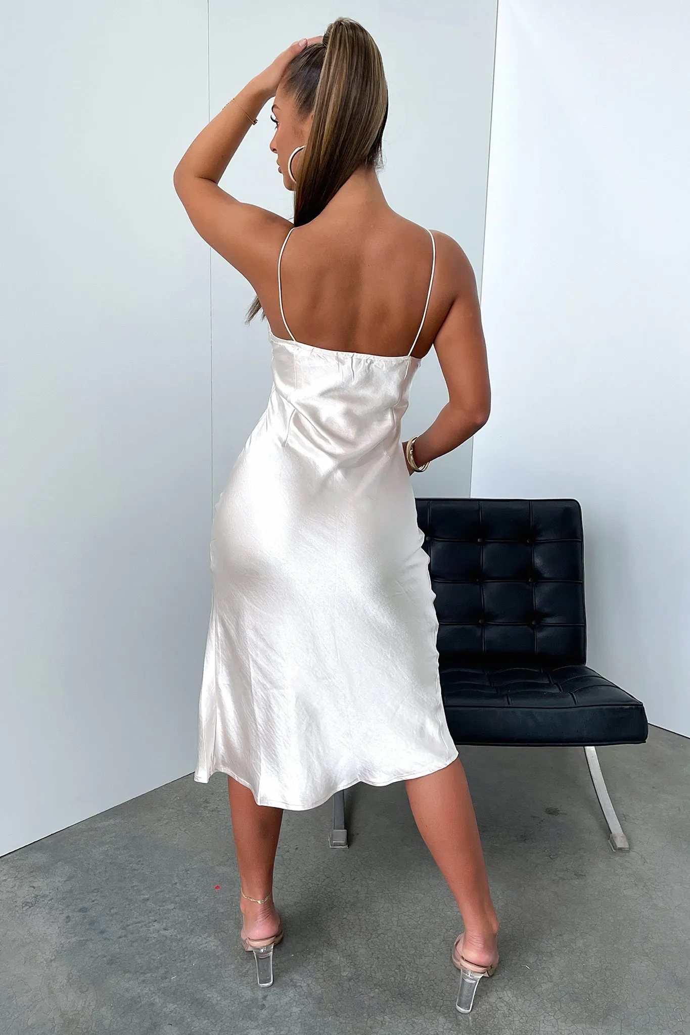 Jennifer Satin Midi Dress - Champagne Trendy Fit