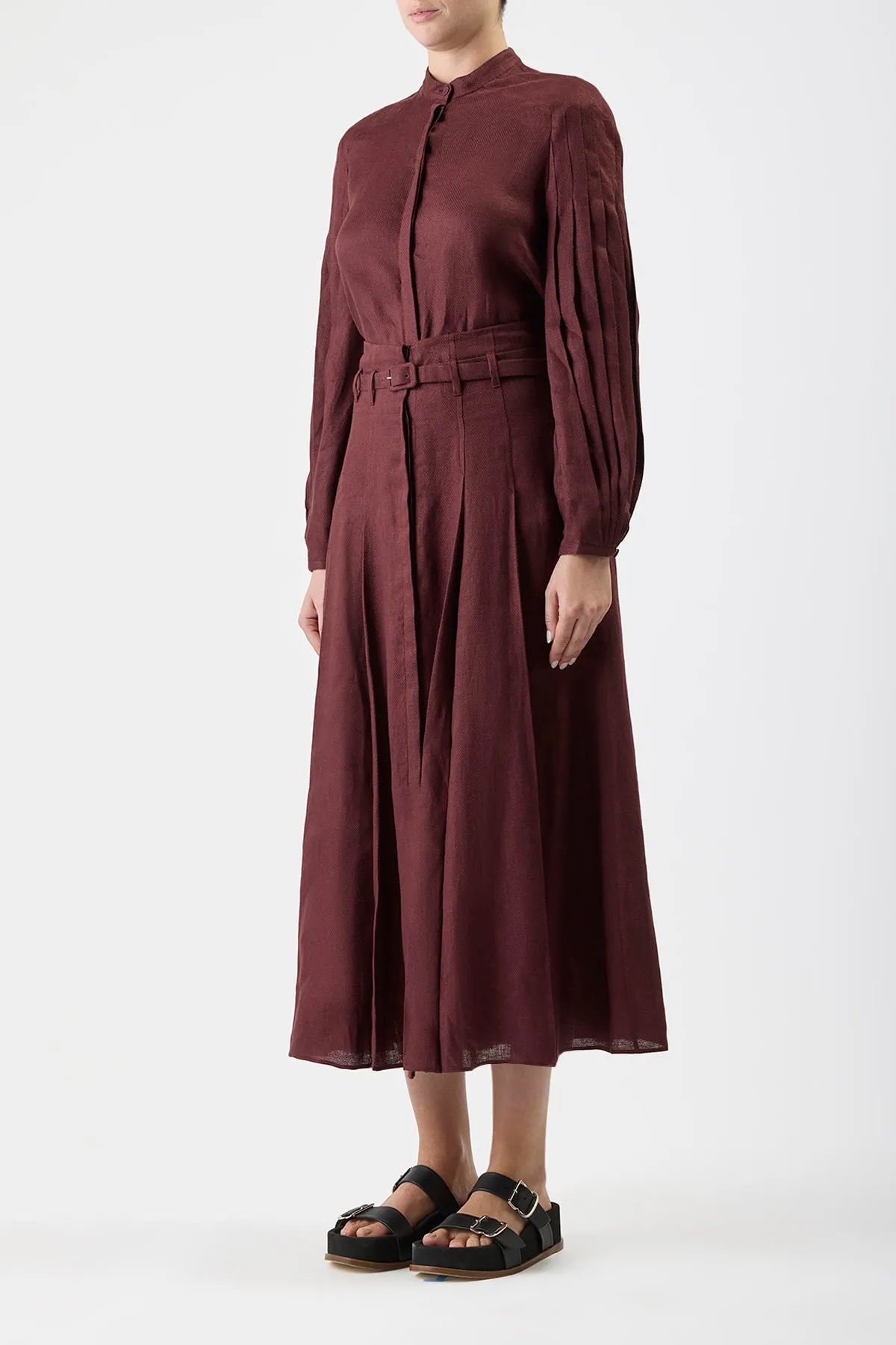 Dance Light Dugald Pleated Midi Skirt in Deep Bordeaux Linen