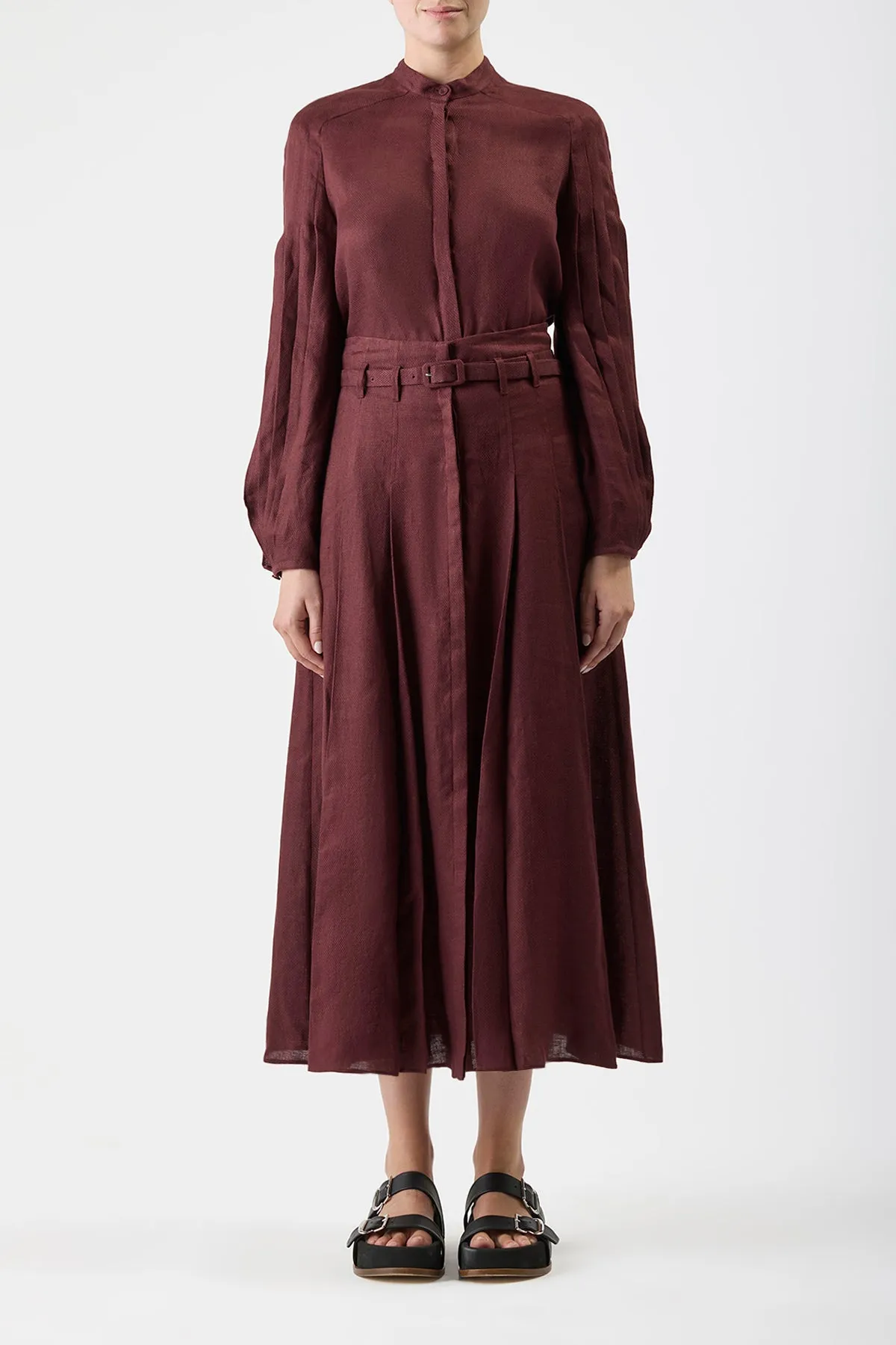 MoistureWickingMaterial EcoFriendlyProduction Dugald Pleated Midi Skirt in Deep Bordeaux Linen