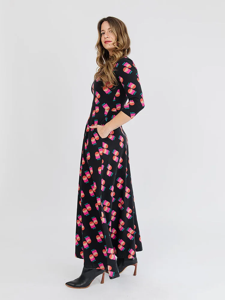 Soft Jersey Mumbai Maxi Dress  - Memphis Shapes Black