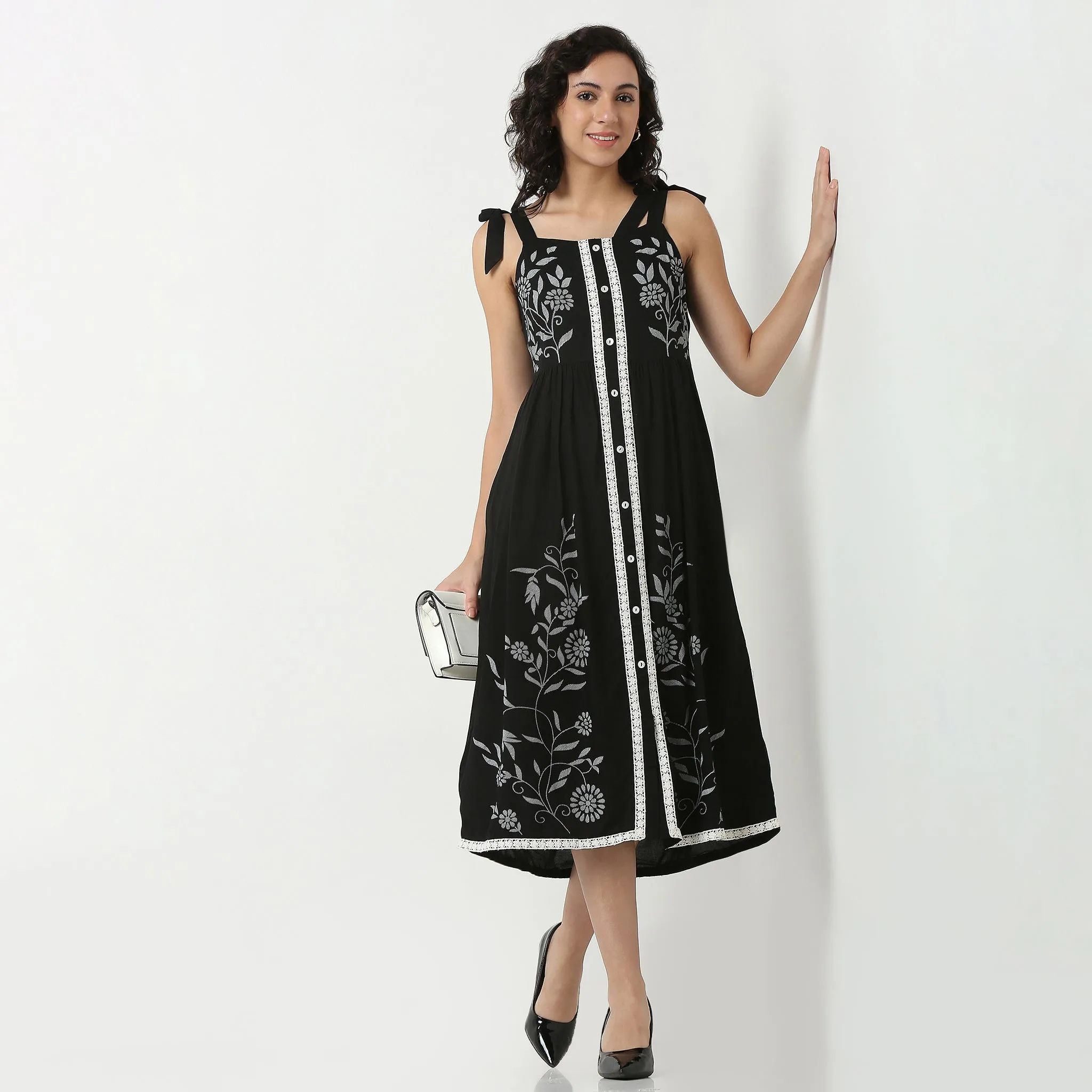 Printed Strap Tie-Up Dress Sky Mood