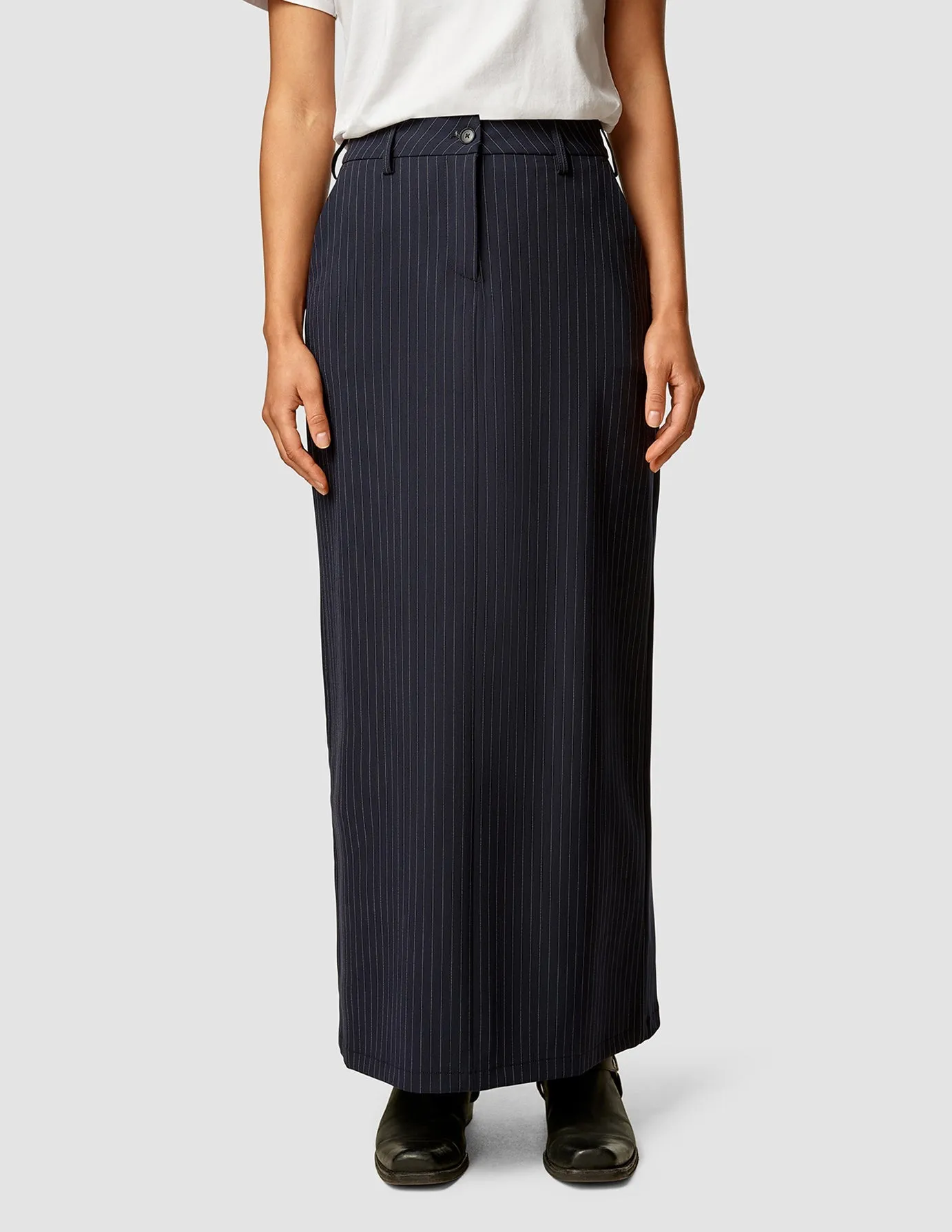 Essential Maxi Skirt Navy Pinstripe Fringe Detail