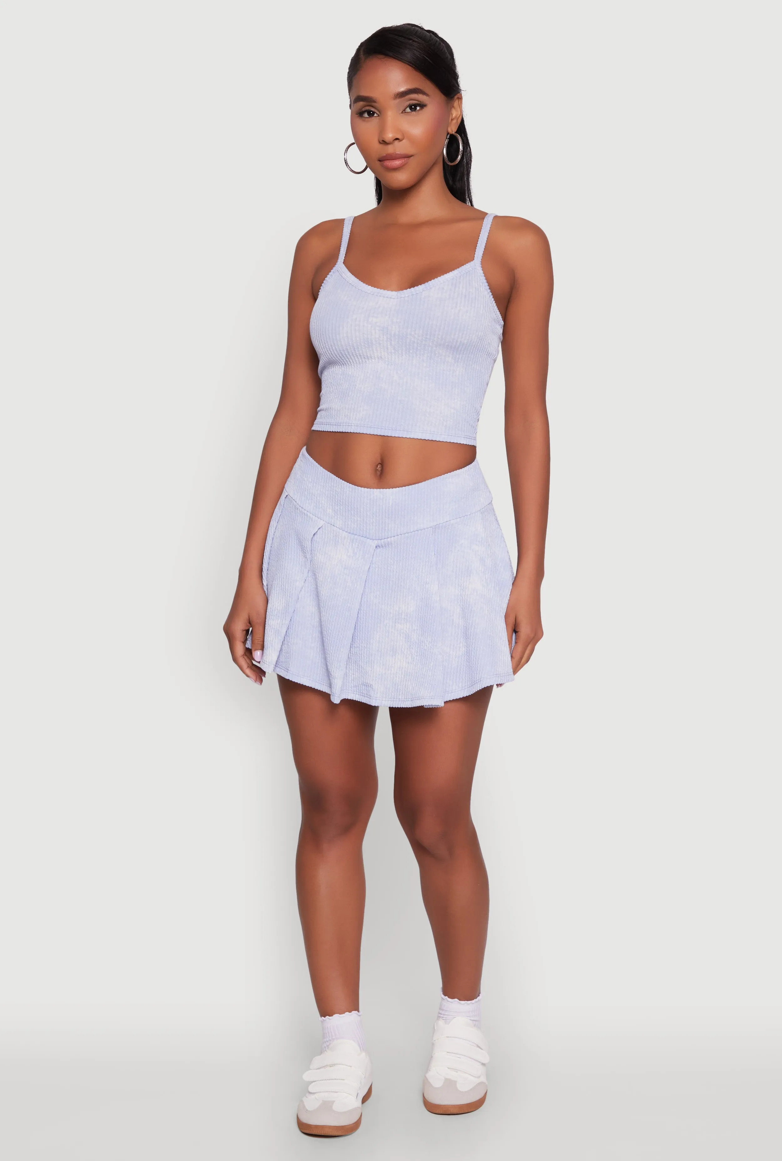 Trendy Rib Knit Acid Wash Pleated Skort Silk Touch Outfit Moodset