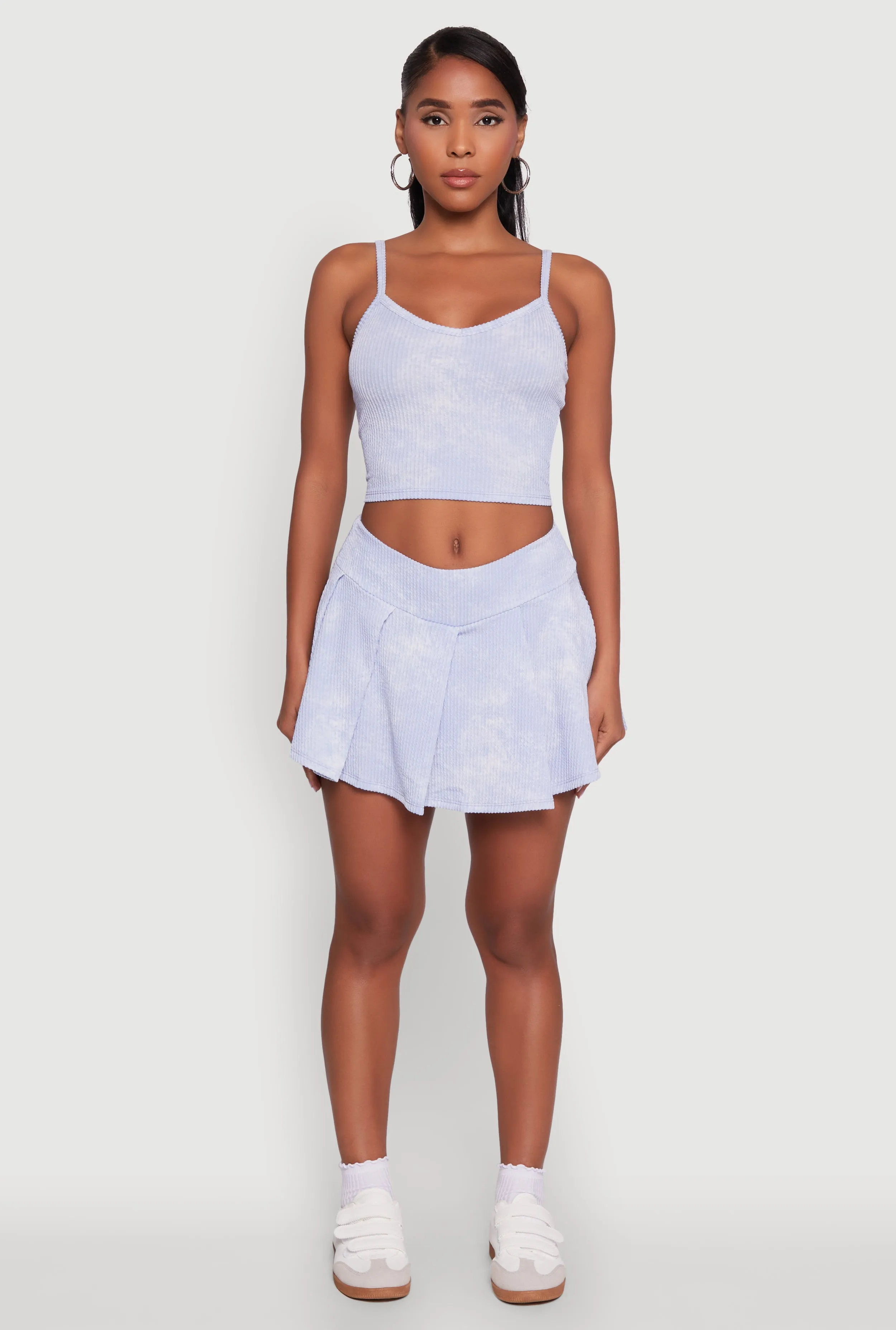Trendy Rib Knit Acid Wash Pleated Skort Crisscross Details Exclusive Drop