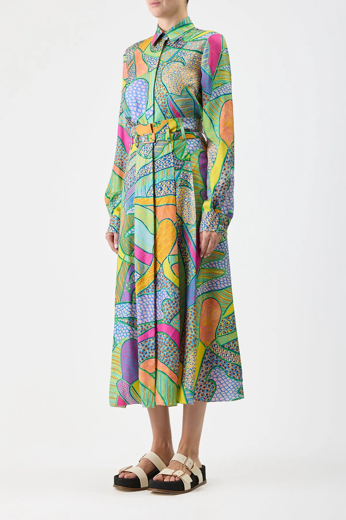 Dugald Pleated Midi Skirt in Green Multi Printed Silk Twill Beach Ease Easy Cool