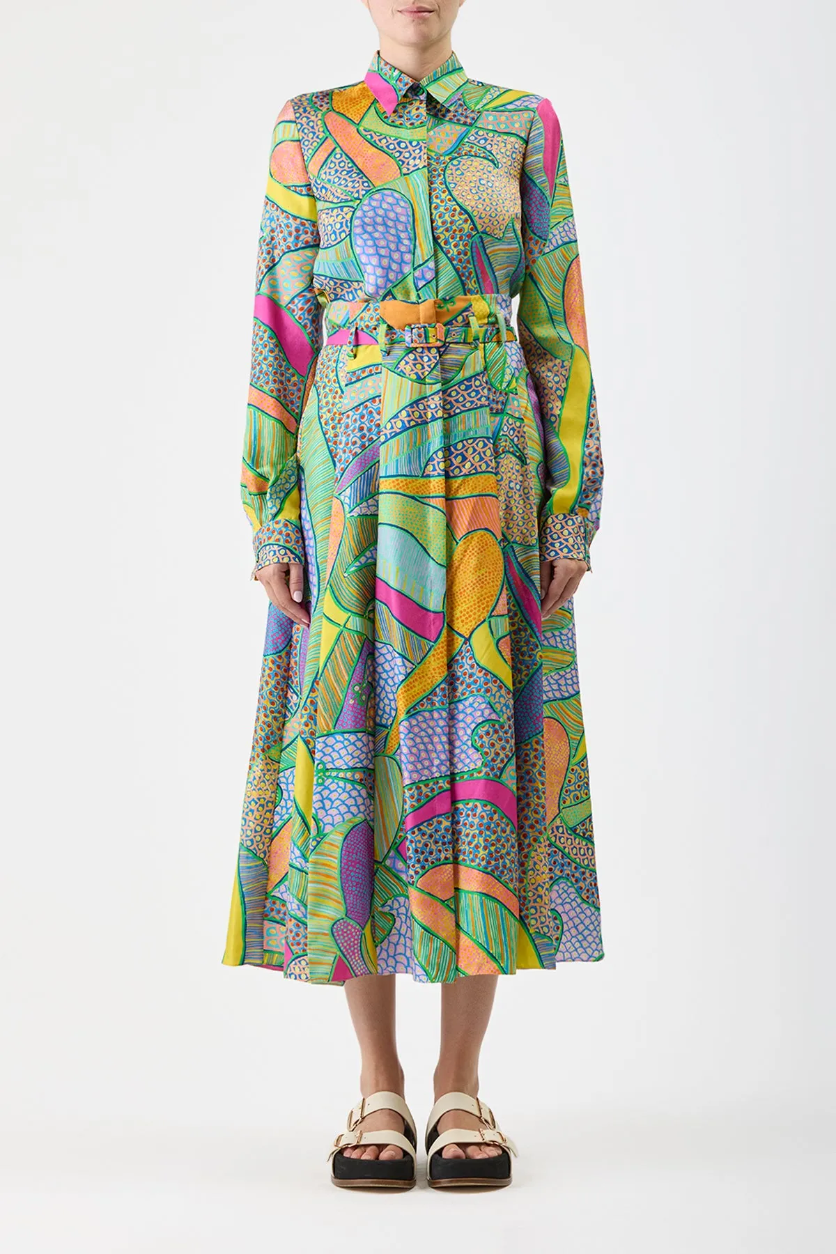 HighDurabilityClothing Dugald Pleated Midi Skirt in Green Multi Printed Silk Twill