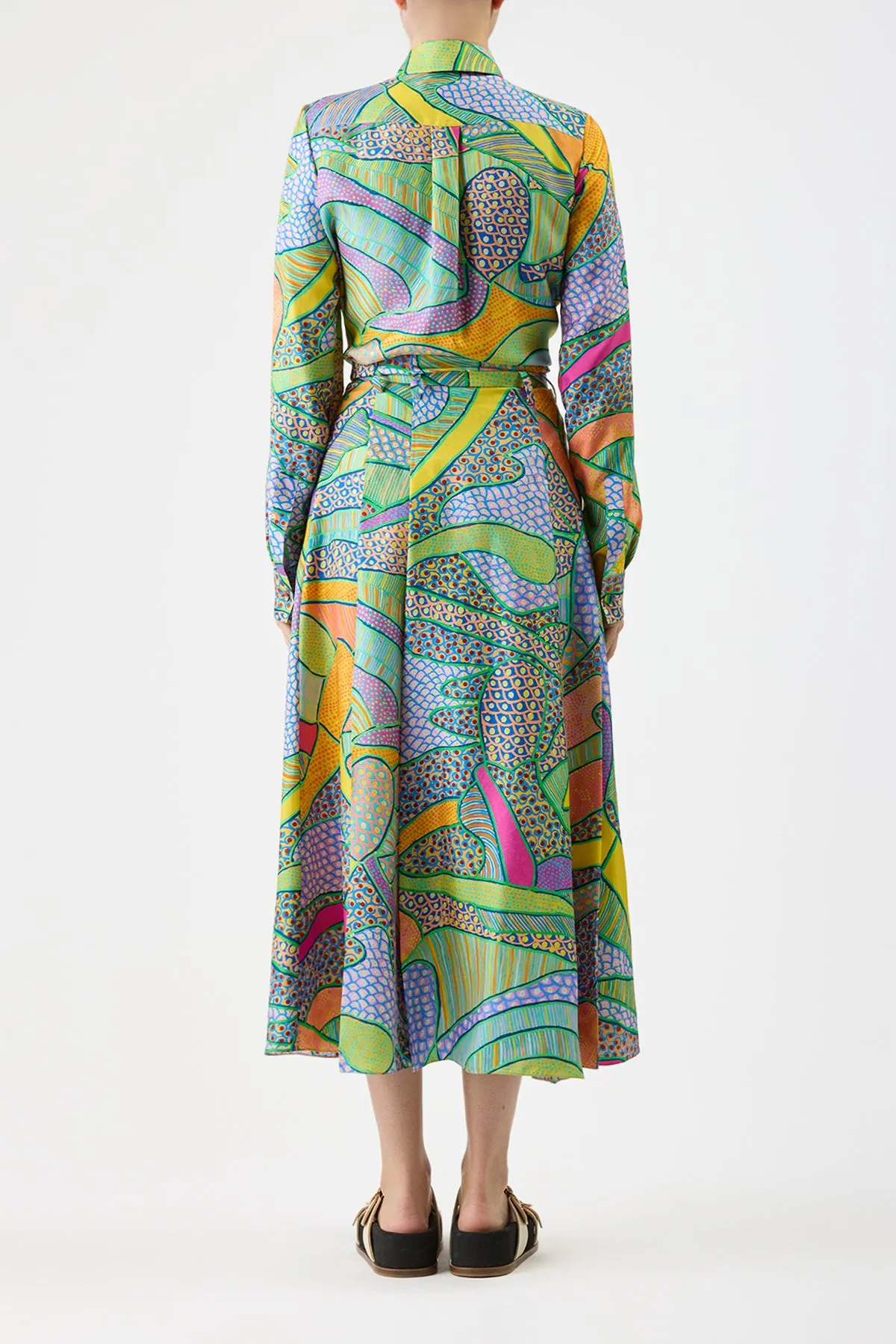 Dugald Pleated Midi Skirt in Green Multi Printed Silk Twill ReinforcedKnees