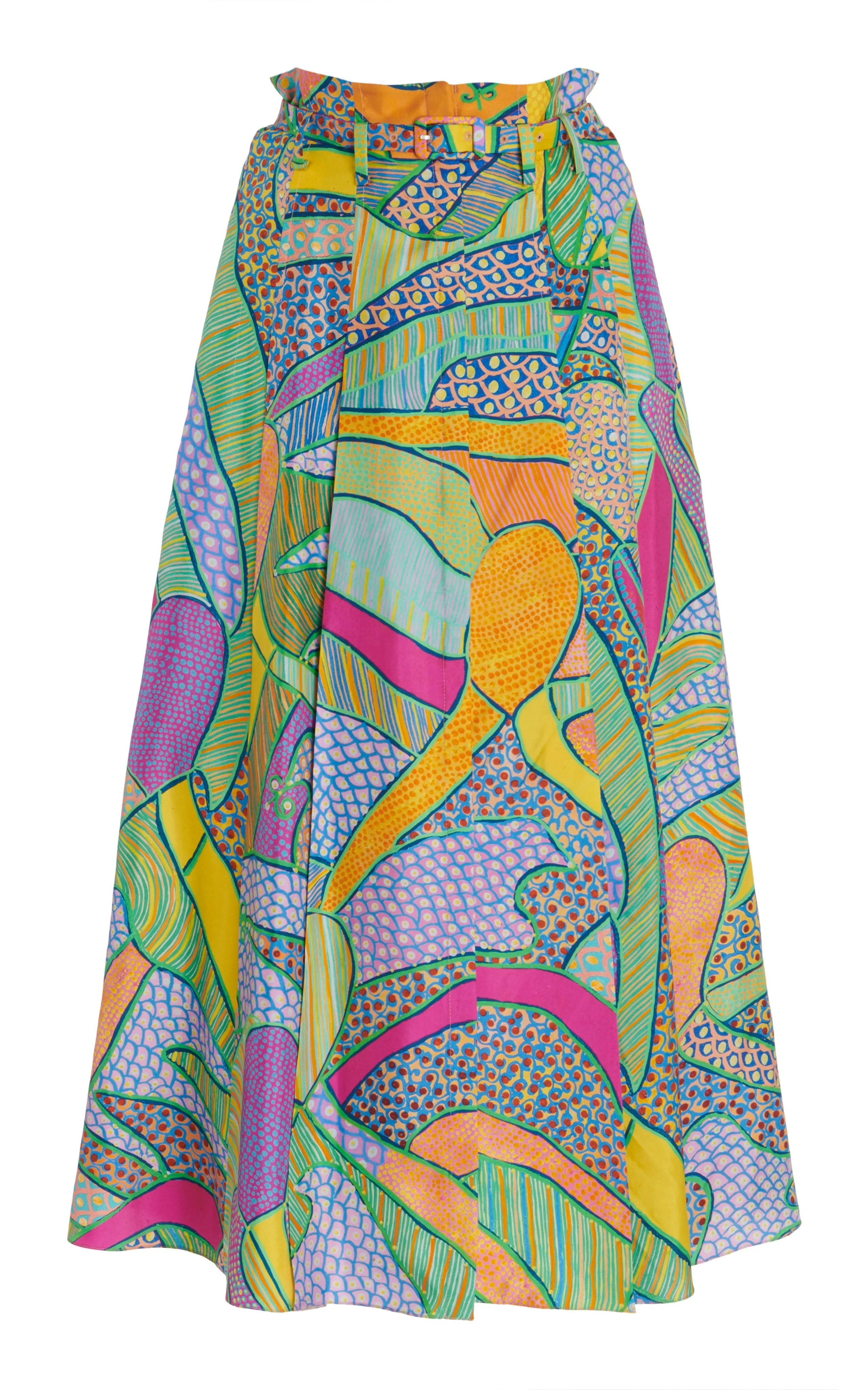 Thick Glow Dugald Pleated Midi Skirt in Green Multi Printed Silk Twill