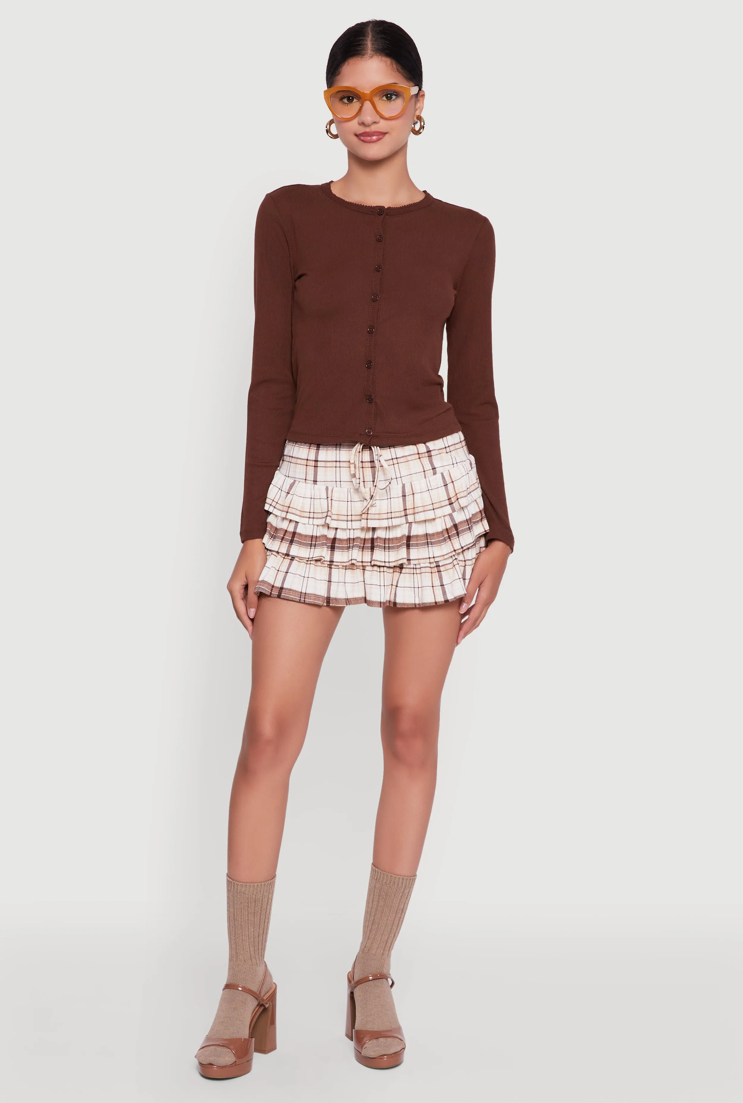 Full Circle Plaid Drawstring Waist Tiered Mini Skirt