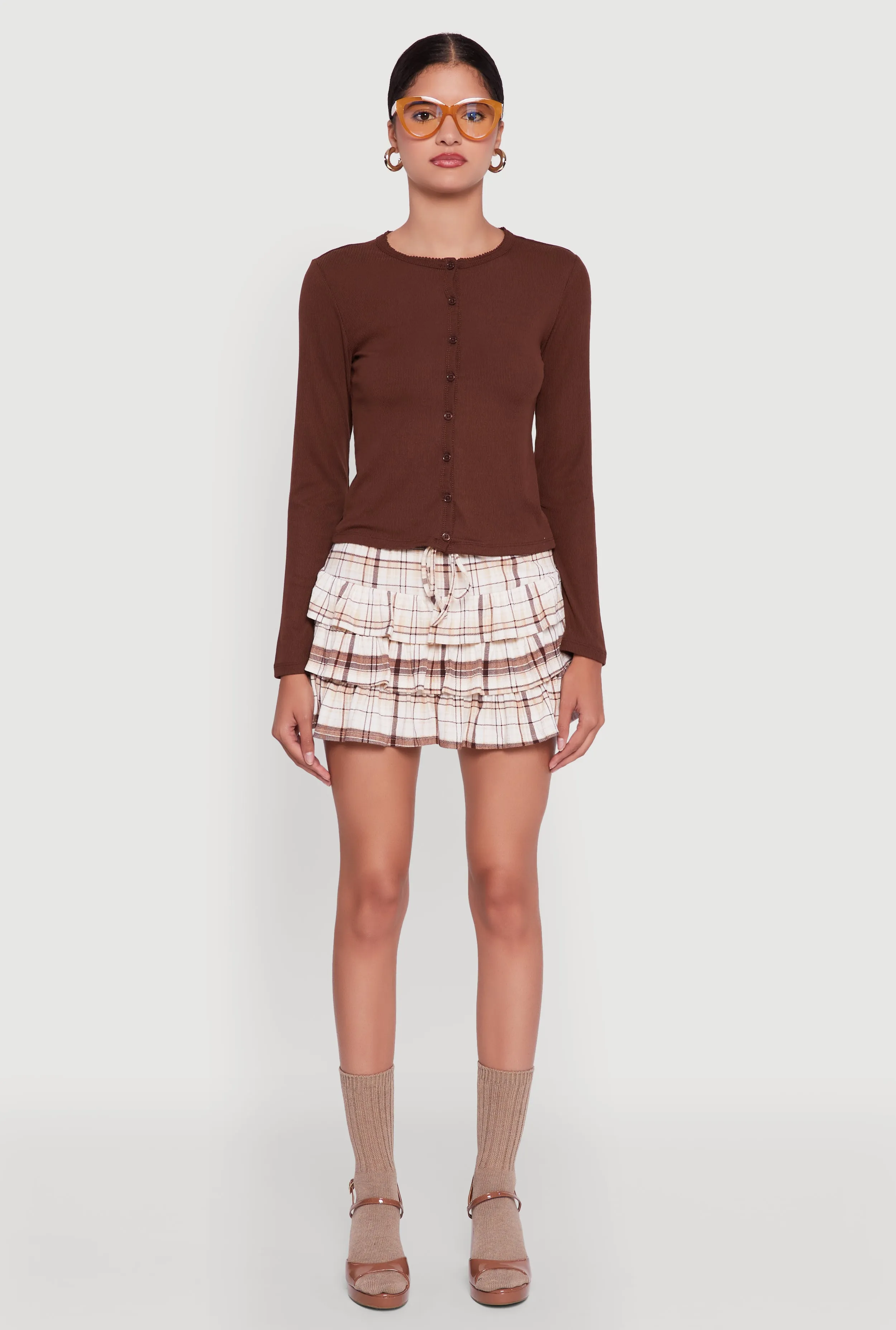 Easy Fit Plaid Drawstring Waist Tiered Mini Skirt