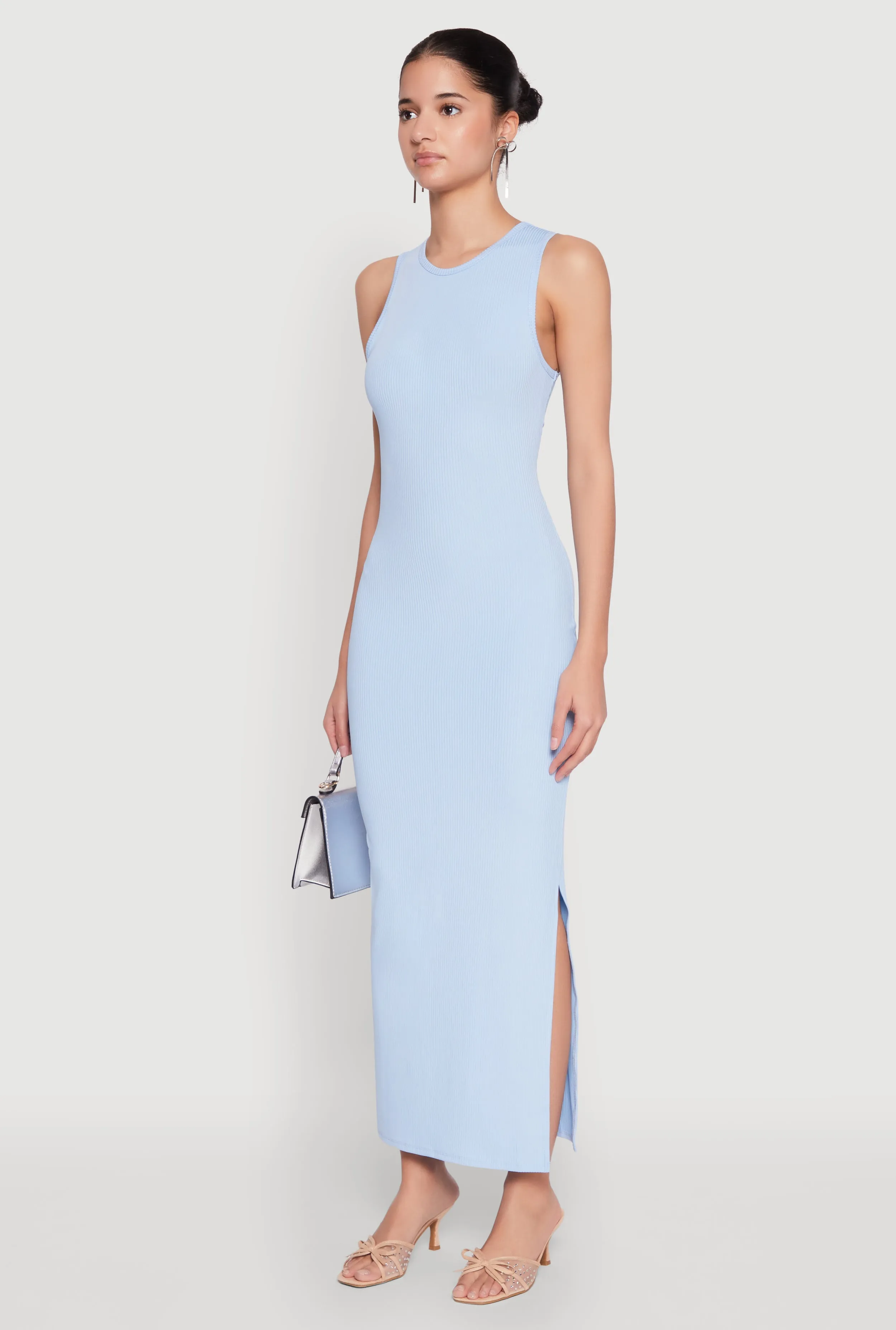 Breezy resort maxi Knot Art Crew Neck Rib Knit Side Slit Maxi Dress