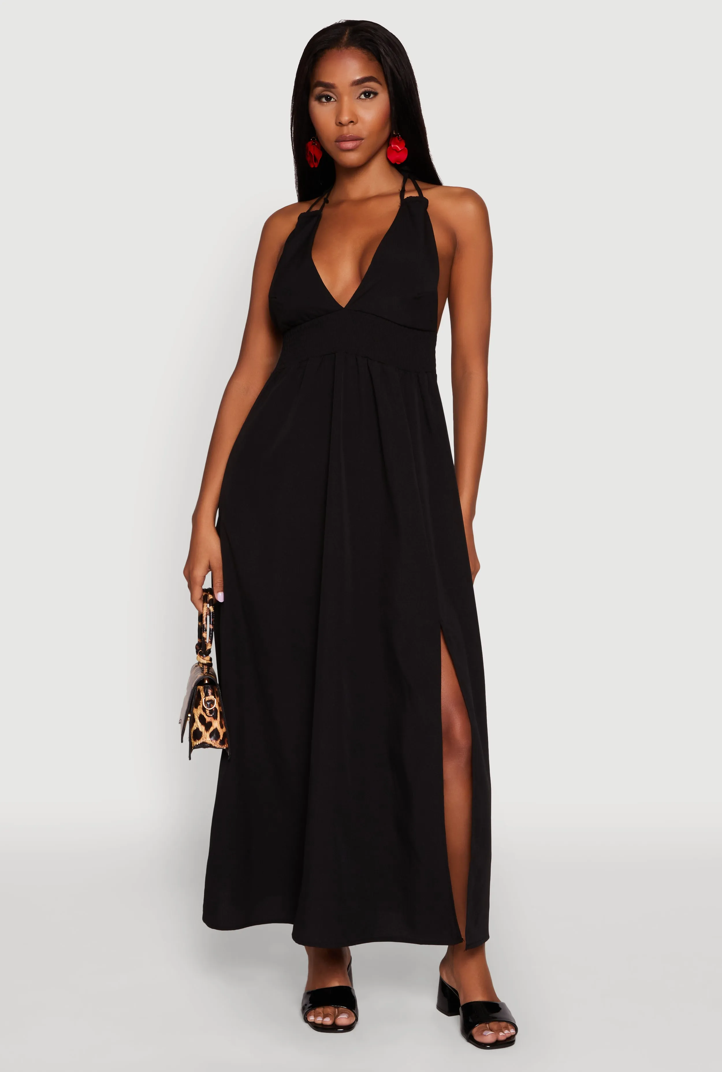 Flower Lane Trendy Plunge Halter Tie Maxi Dress with Criss Cross Back Straps