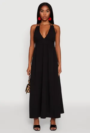 Trendy Plunge Halter Tie Maxi Dress with Criss Cross Back Straps Tulle Glow