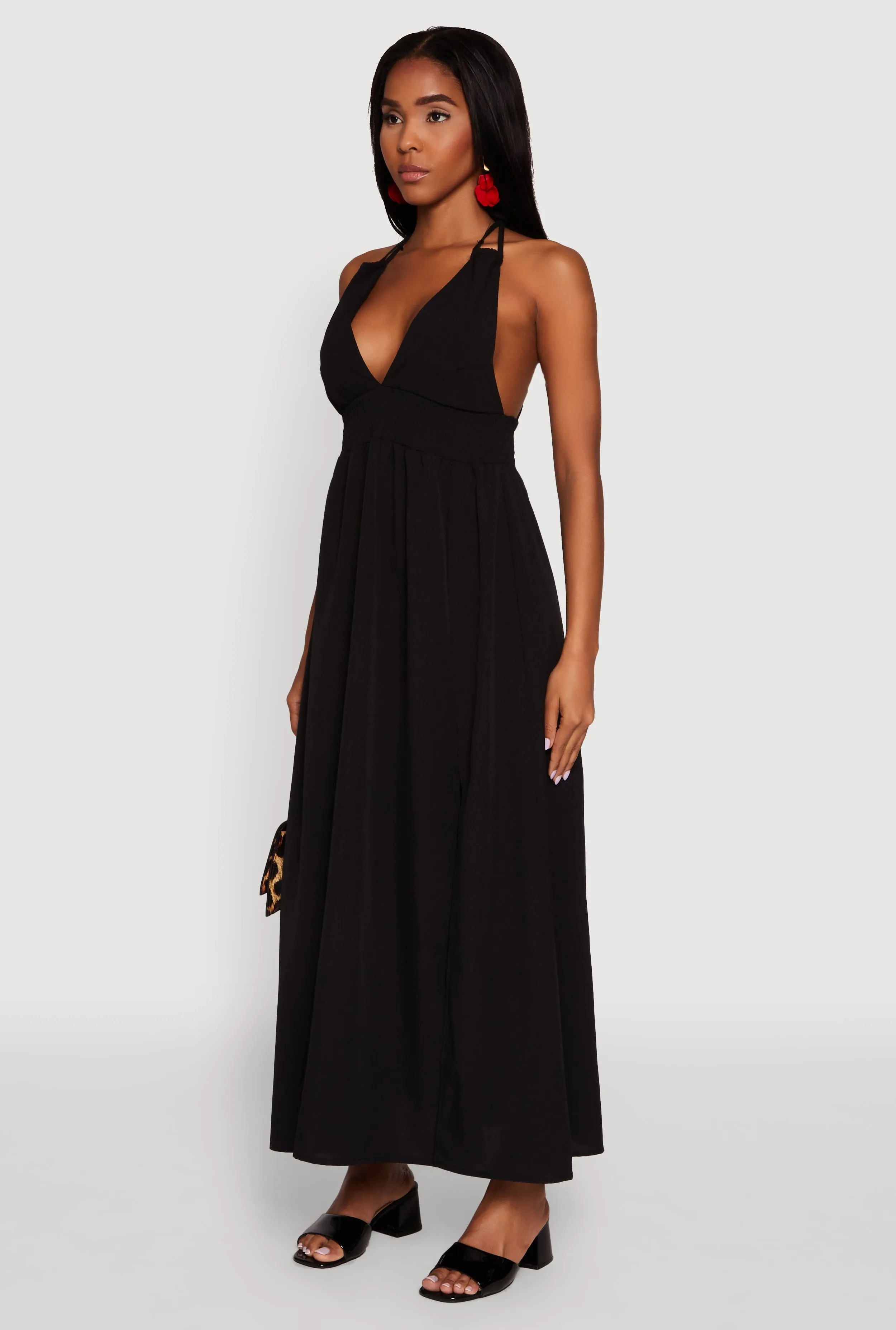 Designed with comfort in mind this dress is perfect for all-day wear Wild Air Trendy Plunge Halter Tie Maxi Dress with Criss Cross Back Straps