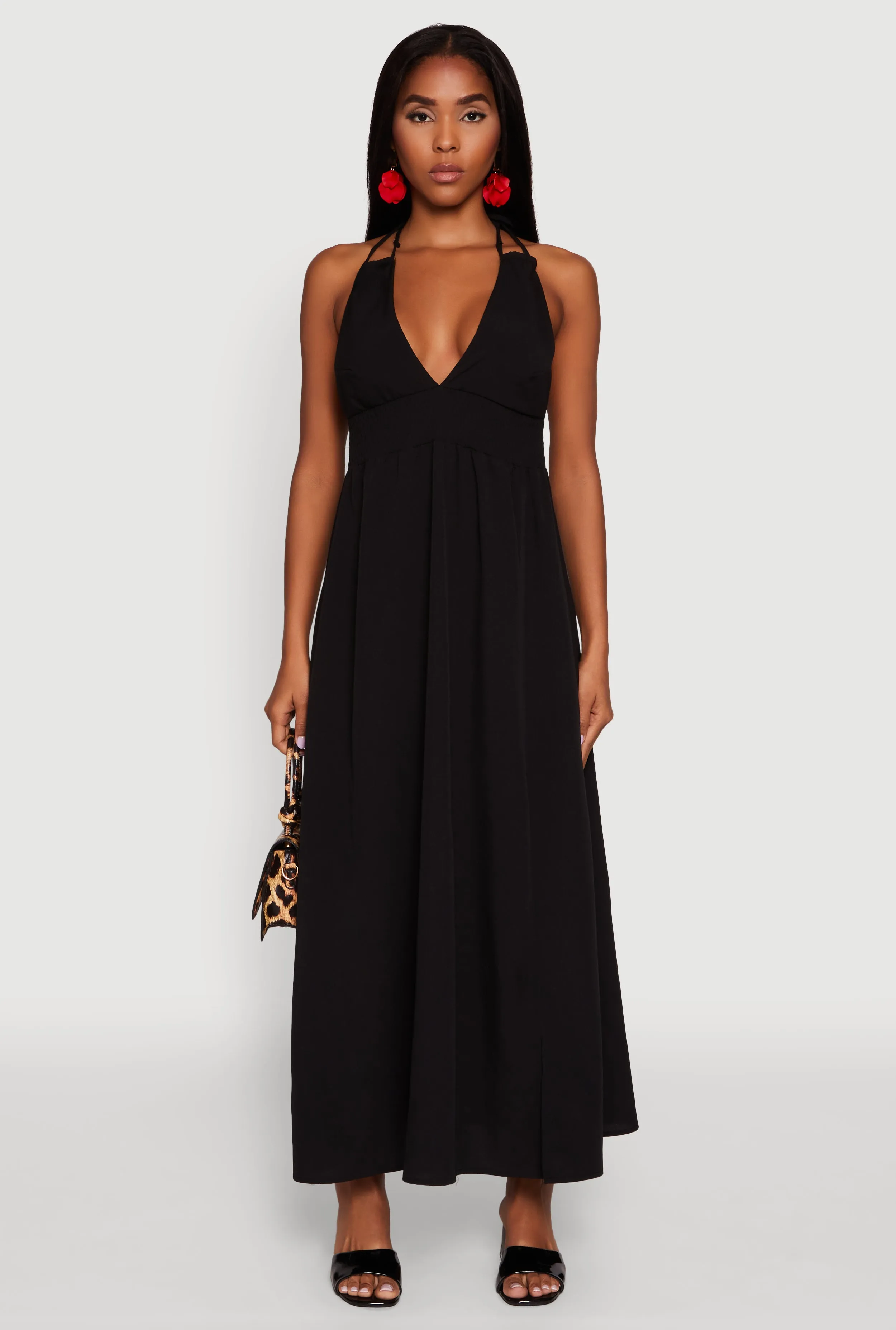 Trendy Plunge Halter Tie Maxi Dress with Criss Cross Back Straps Tulle Glow