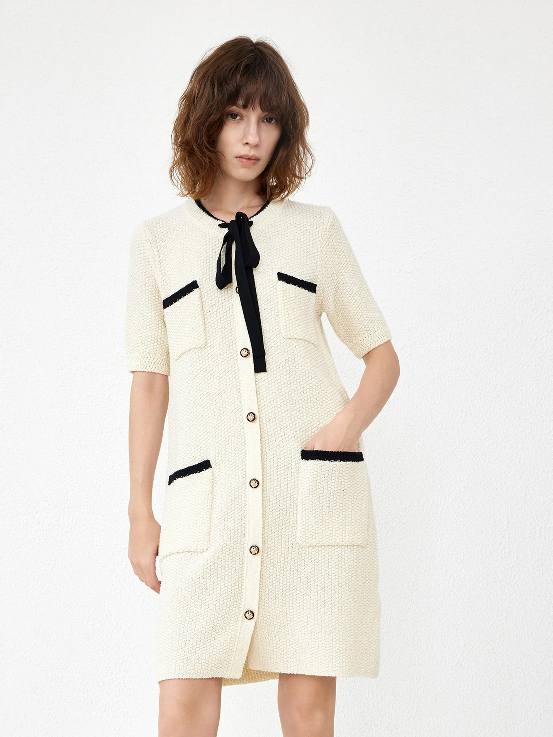 Button Up Contrast Knit Dress Easy Care Fabric elegant design