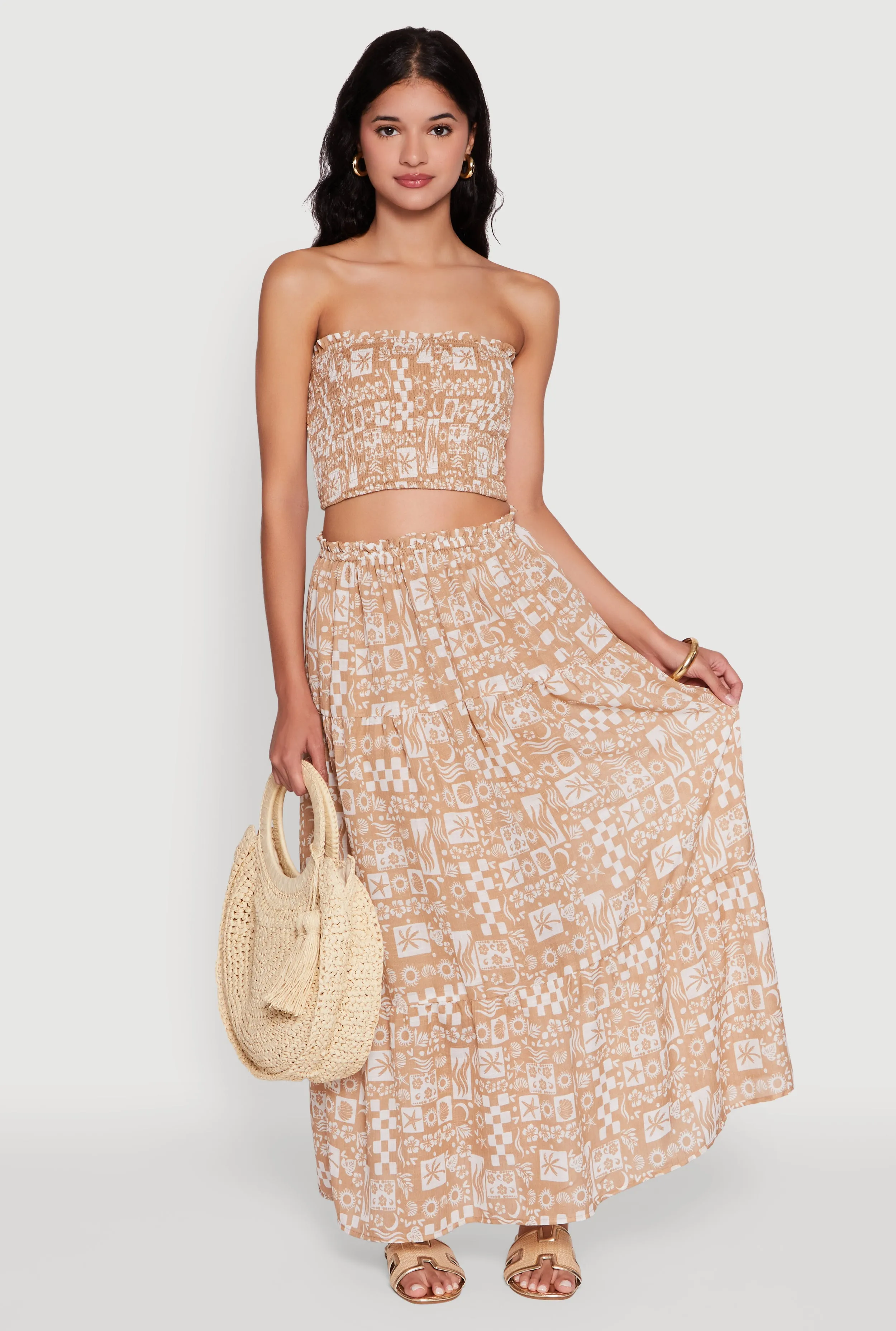 Tropical Print Paper Bag Waist Tiered Maxi Skirt Glamorous Appeal
