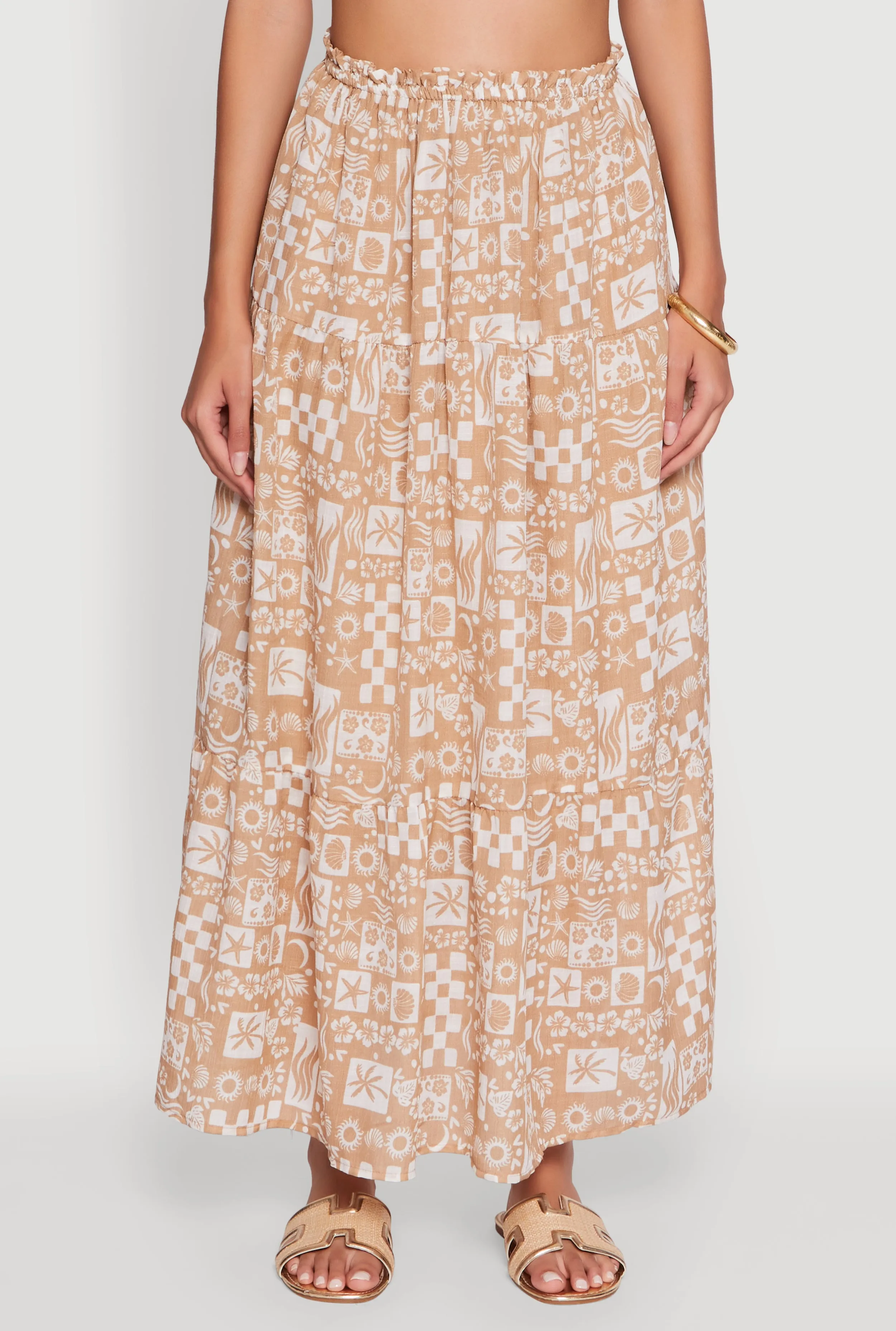 Seamless Design Tropical Print Paper Bag Waist Tiered Maxi Skirt
