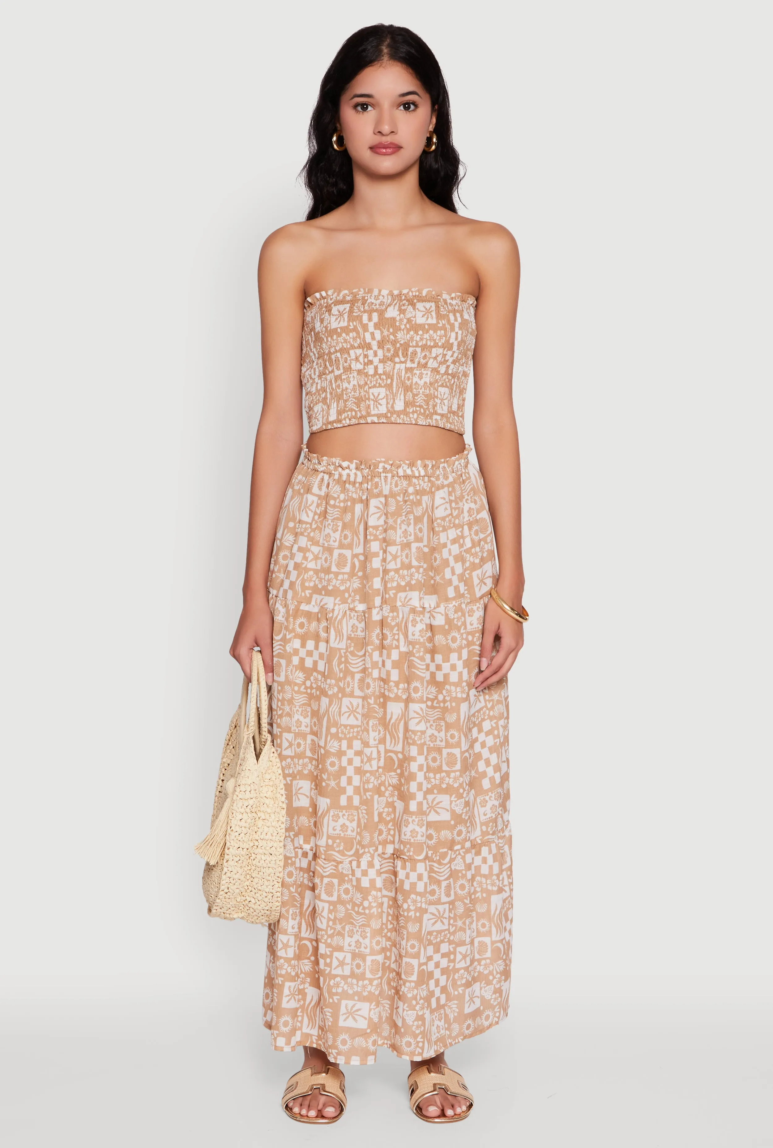 Functional Look Tropical Print Paper Bag Waist Tiered Maxi Skirt