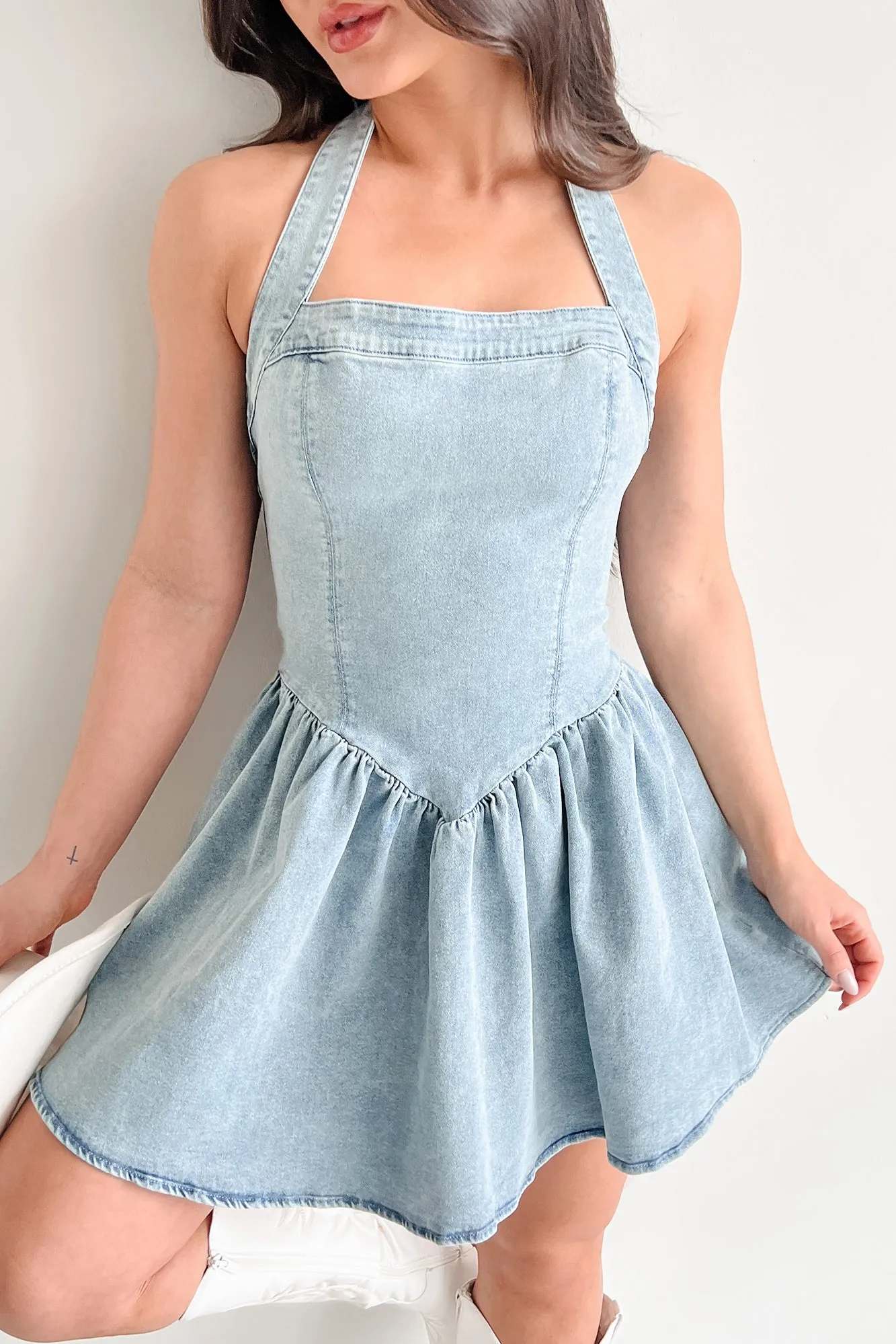 Edge Shine Keeping It Playful Halter Denim Mini Dress (Light)