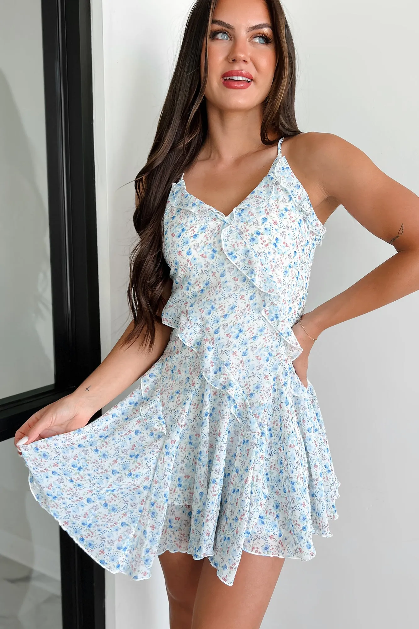 Fairytale Endings Ruffled Mini Dress (Ivory Multi) Easy Fit