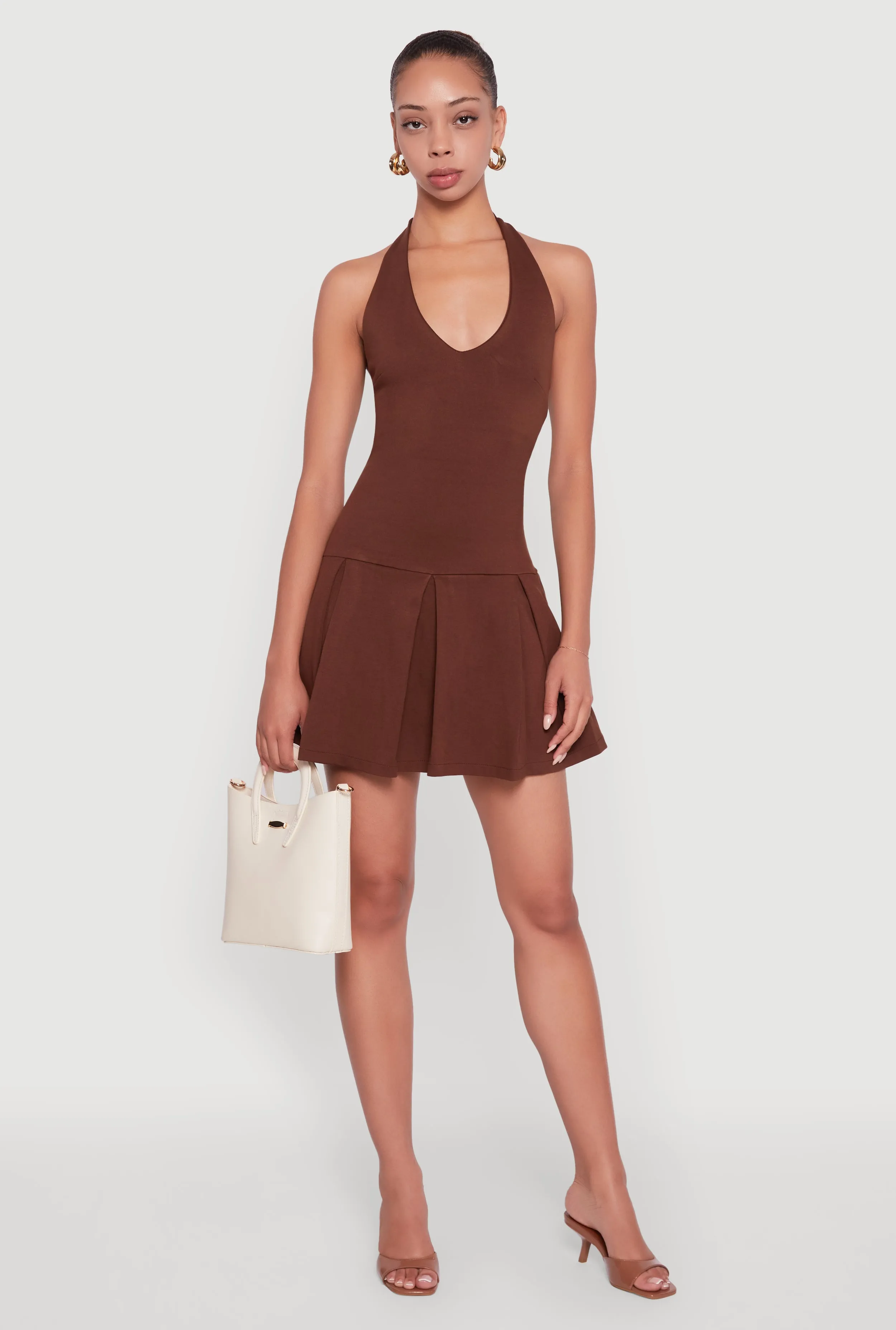 Casual Glam Ponte Tie Back Halter Dress with Shelf Bra