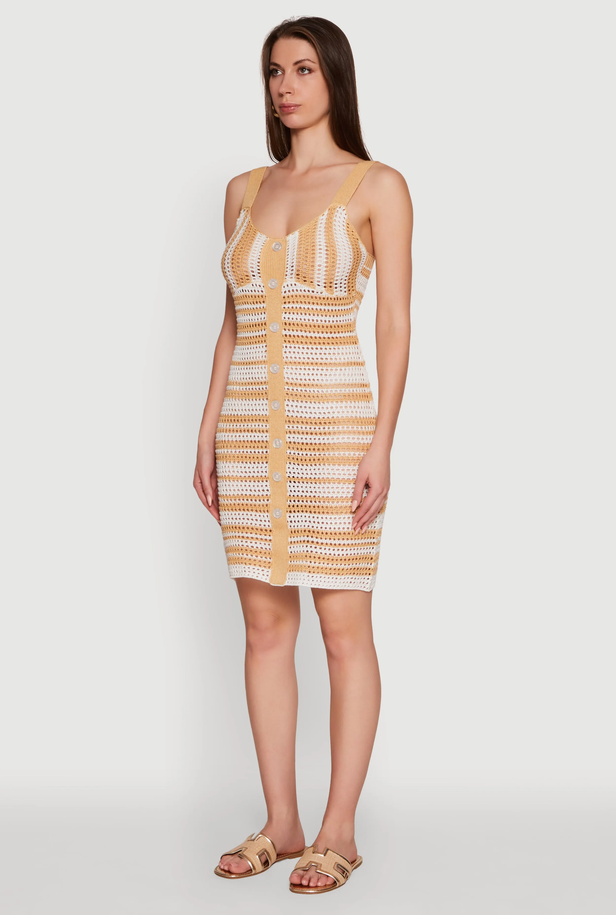 Trendy Striped Crochet V-Neck Sleeveless Sundress with Faux Buttons Shine Edge