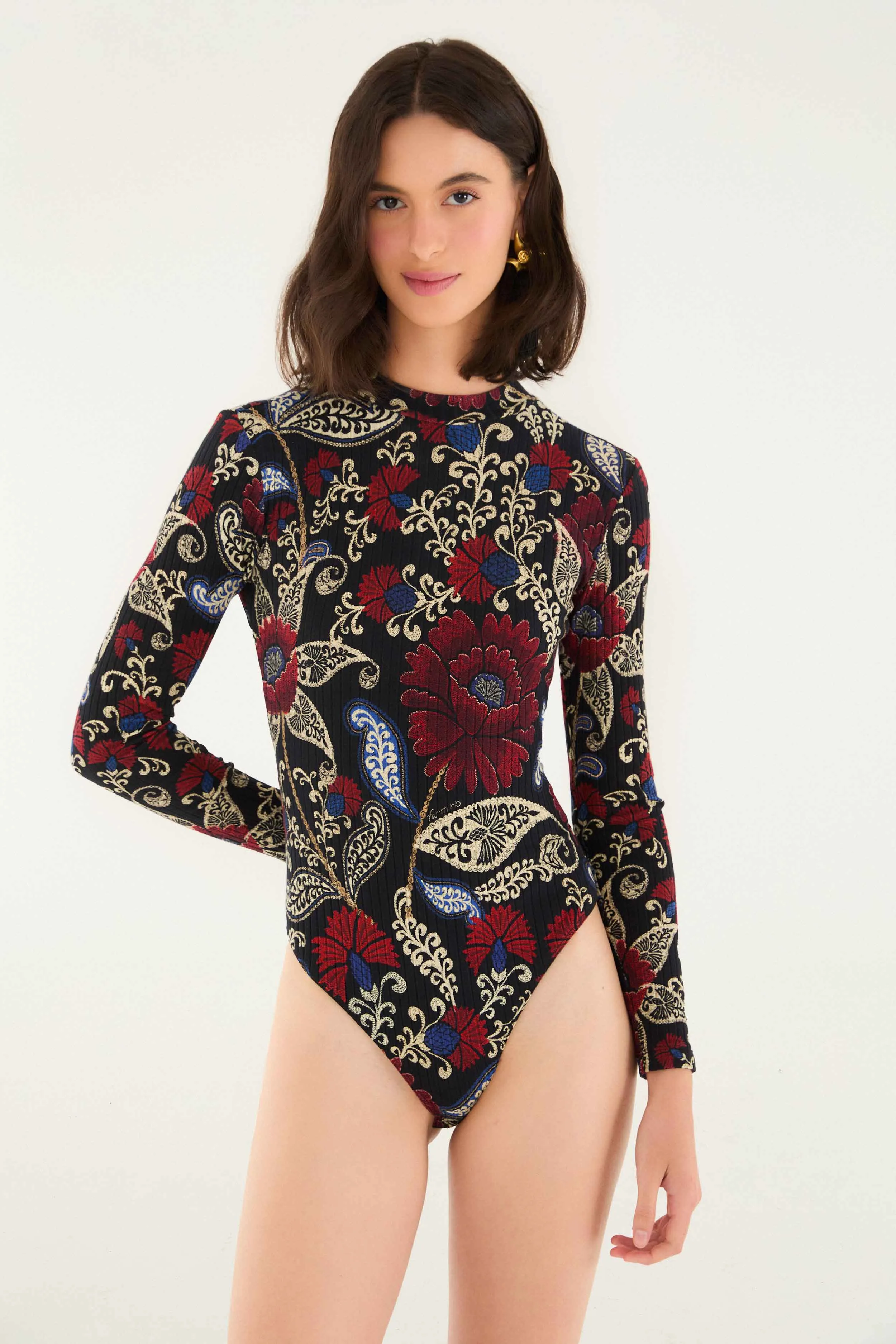 Black Valentina High Neck Long Sleeve Jersey Bodysuit Relaxed Slim